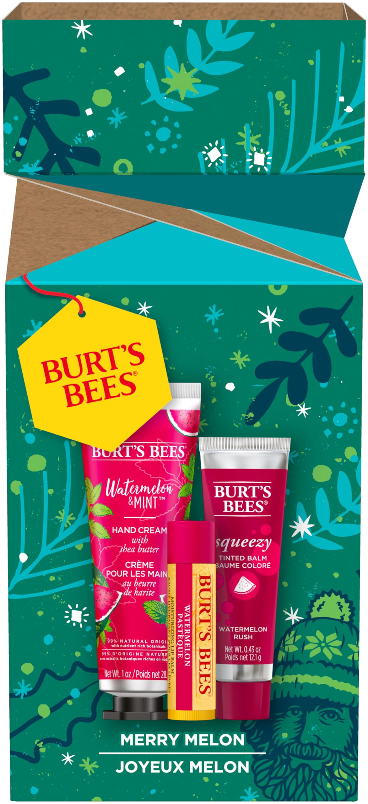 Burt's Bees Lip Balm, Squeezy Tinted Balm and Hand Cream Gift Set, Merry Melon, Ready to Give Holiday Gift, 1 Gift Set