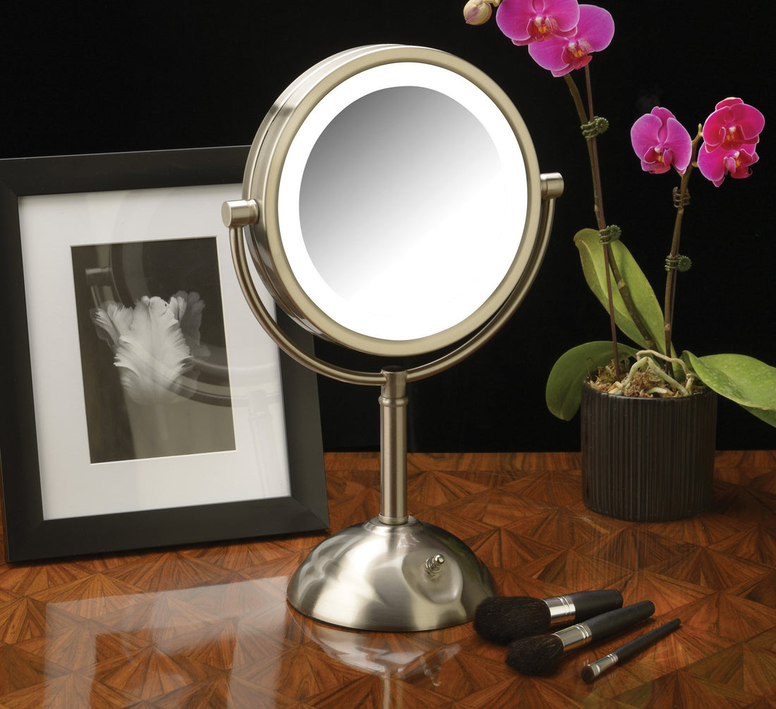 Jerdon Lighted Tabletop Makeup Mirror - Halo Lighted Makeup Mirror with 1X and 8X Magnification in Nickel Finish - 8.5-Inch Diameter Vanity Mirror - Model HL8808NL
