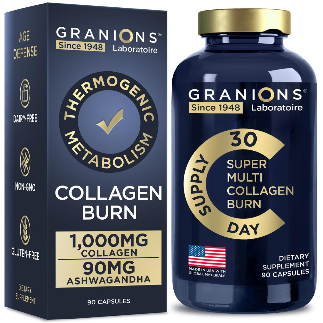 Granions Thermogenic Hydrolyzed Collagen Burn - Hyaluronic Acid, Vitamin C - Cellulite Defense and Dermal Repair Multi Collagen Peptides Capsules for Women and Men - 90 Pills