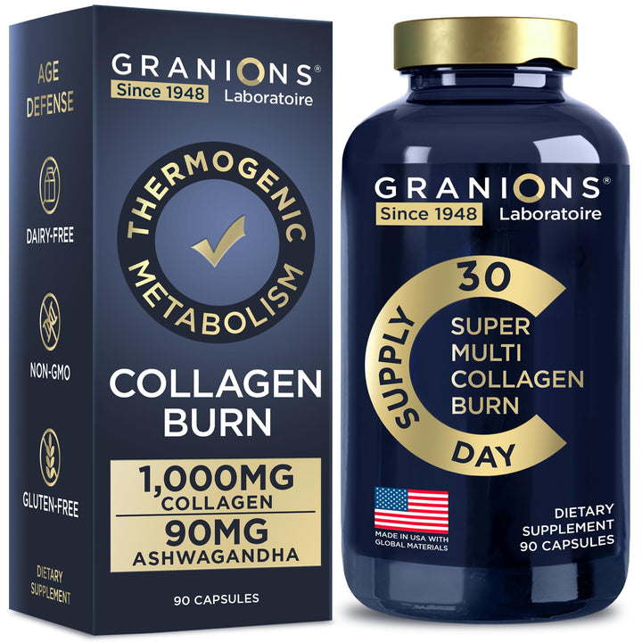 Granions Thermogenic Hydrolyzed Collagen Burn - Hyaluronic Acid, Vitamin C - Cellulite Defense and Dermal Repair Multi Collagen Peptides Capsules for Women and Men - 90 Pills