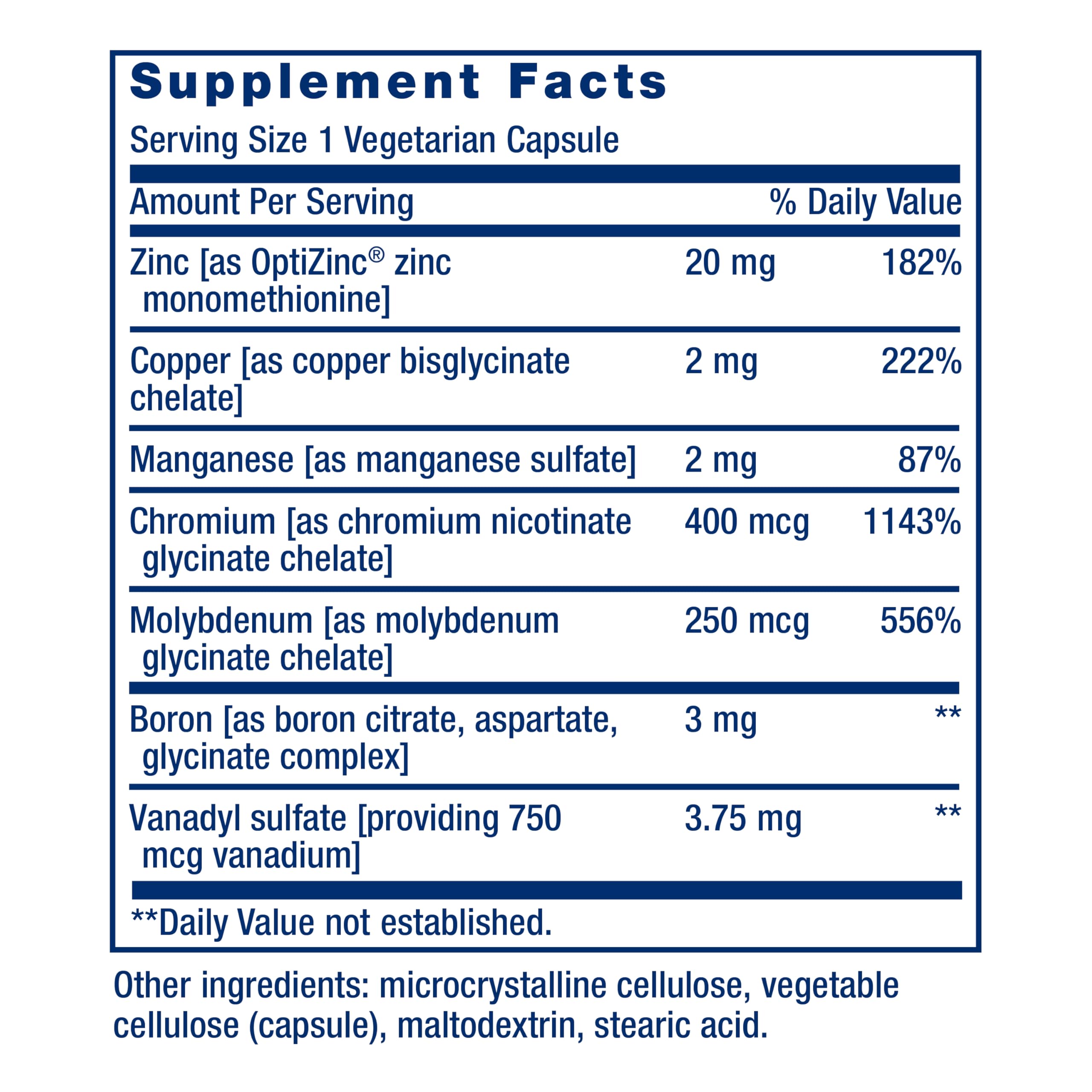 Life Extension Only Trace Minerals, a Daily dose of zinc, Chromium, Boron, Copper, Manganese, Vanadyl sulfate, Gluten-Free, Non-GMO, Vegetarian, 90 Capsules