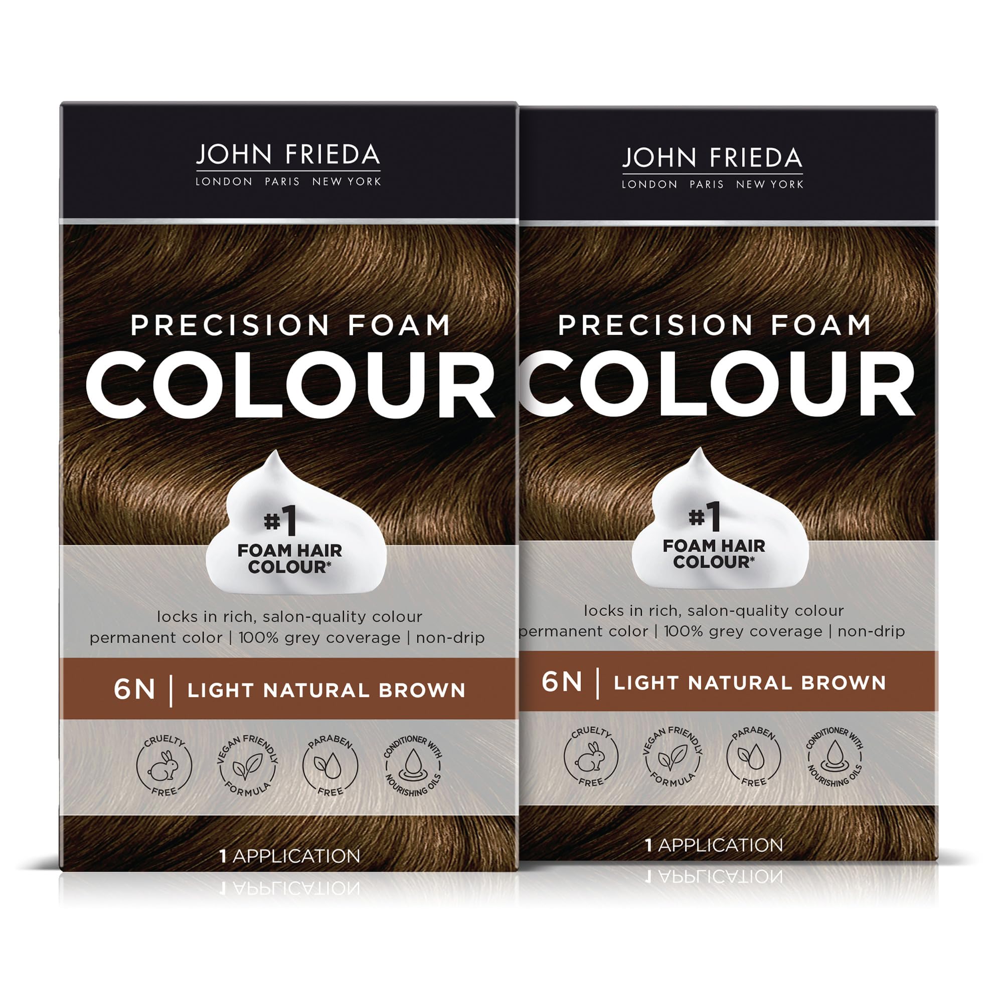 John Frieda Precision Foam Colour, Light Natural Brown 6N, Full-coverage Hair Color Kit, Anti-Fade Gray Coverage, Deep Color Saturation Hair Dye, Pack of 2
