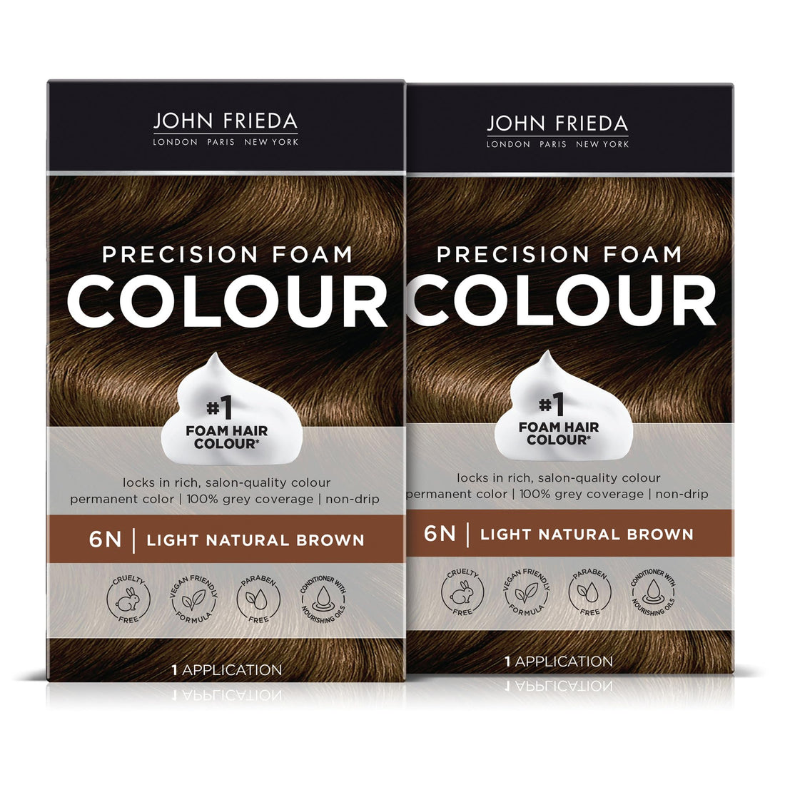 John Frieda Precision Foam Colour, Light Natural Brown 6N, Full-coverage Hair Color Kit, Anti-Fade Gray Coverage, Deep Color Saturation Hair Dye, Pack of 2