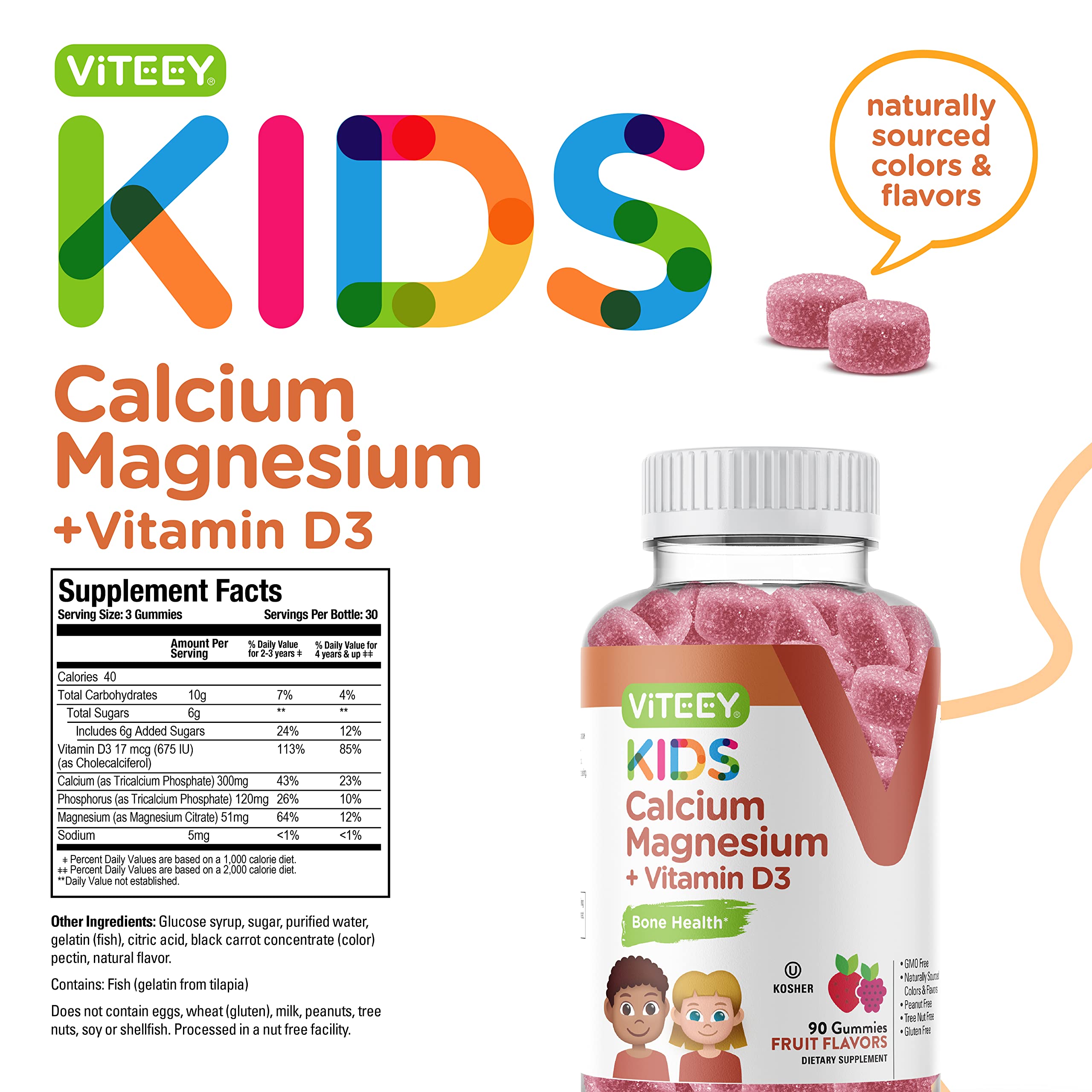 Kids Calcium Gummies + Vitamin D3 & Magnesium Citrate for Kids and Teens - Supports Bone Health, Immune Support, Energy & Muscle Function - Gluten Free, GMO Free - Tasty Chewable Fruit Flavored Gummy