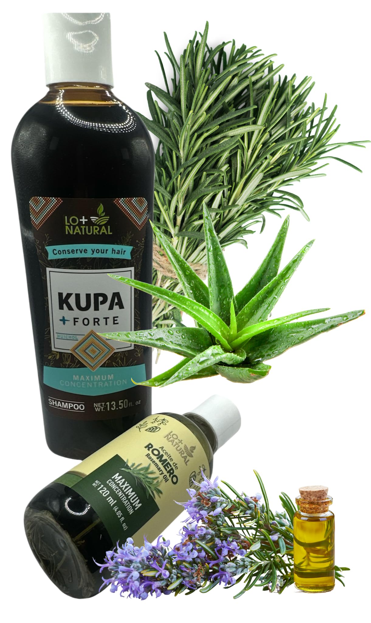LO+NATURAL Shampoo De Romero & Sabila (Rosemary and Aloe Vera Shampoo) KUPA + FORTE 13.5 oz Organic + ACEITE DE ROMERO (Rosemary Oil) 4.05 fl oz Huichol Heritage Maximum Concentration