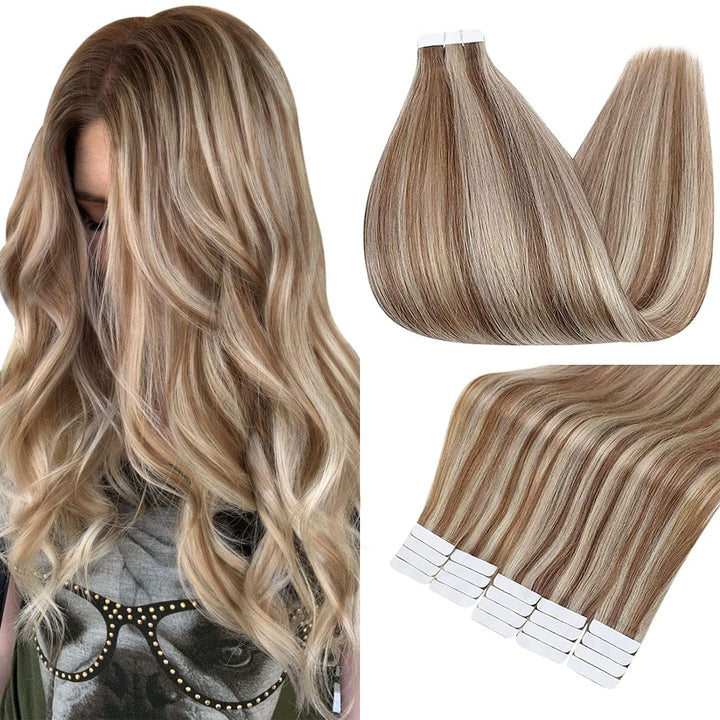 Fshine Tape In Hair Extensions Higlight Color 10 and 613 Yellow Blonde Hair Extensions Tape Ins 20 Pcs 50 Grams Remy Seamless Human Hair Extensions