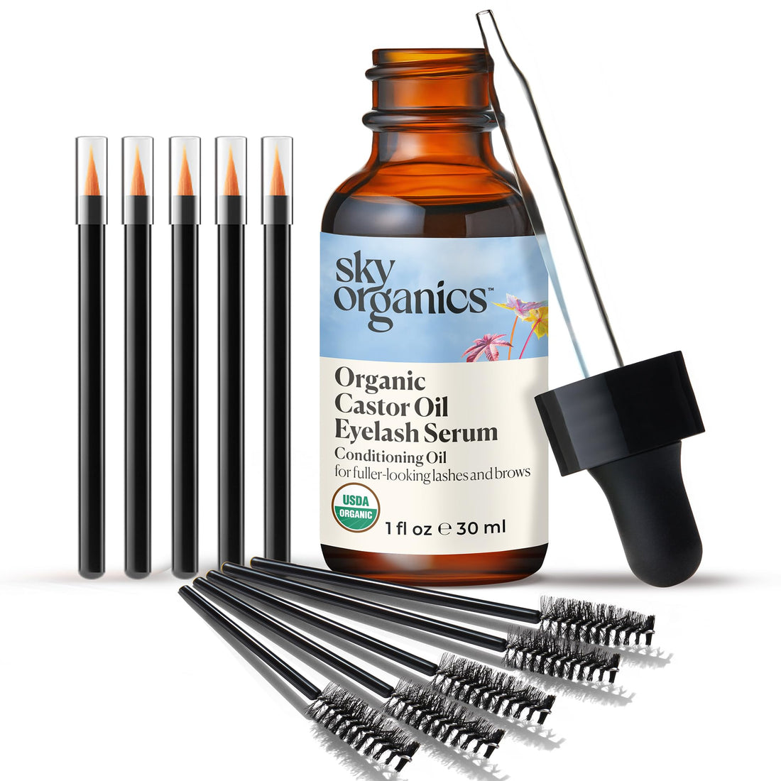Organic Castor Oil By Sky Organics, Cold-Pressed, 100% Pure, Hexane-Free Castor Oil - Dry Skin, Hair Growth, Eyelashes growth and eyebrows growth- Caster Oil Lash Enhancer with Mascara Brushes (30ml)