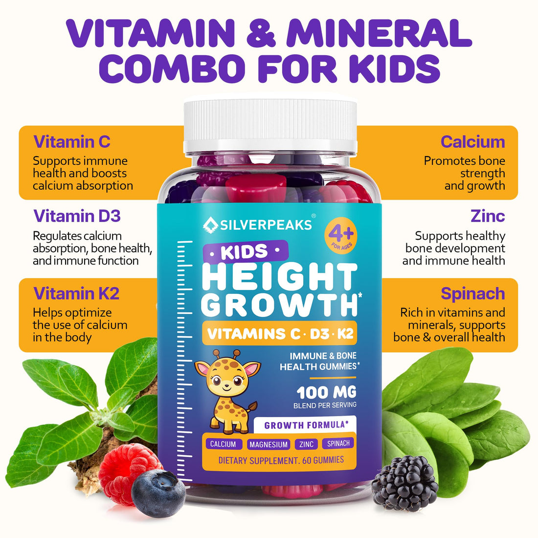 Height Growth Gummies for Kids - Growth Vitamins for Teens Height Growth Supplement - Height Growth for Kids with Calcium, Vitamin D, C, K2, Magnesium & Zinc - Natural Height Growth Maximizer - 60 PCS