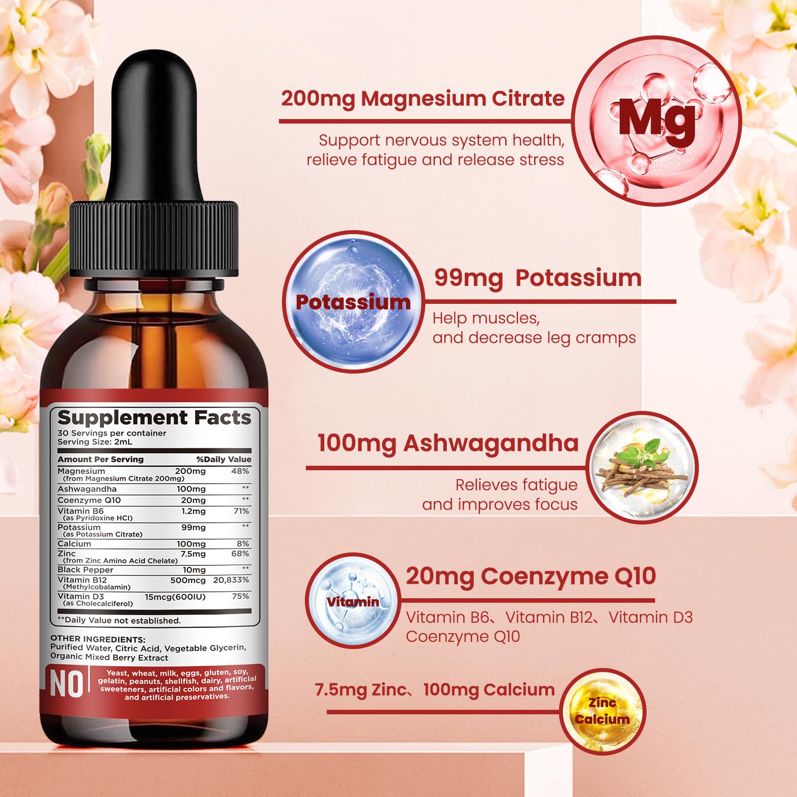 Potassium Magnesium Citrate Supplement, Liquid Magnesium Citrate Drops 200mg with Ashwagandha, Calcium, Zinc, Vitamin D3, B6, B12, CoQ10 - Vegan 2 fl oz Mix Berry Flavor
