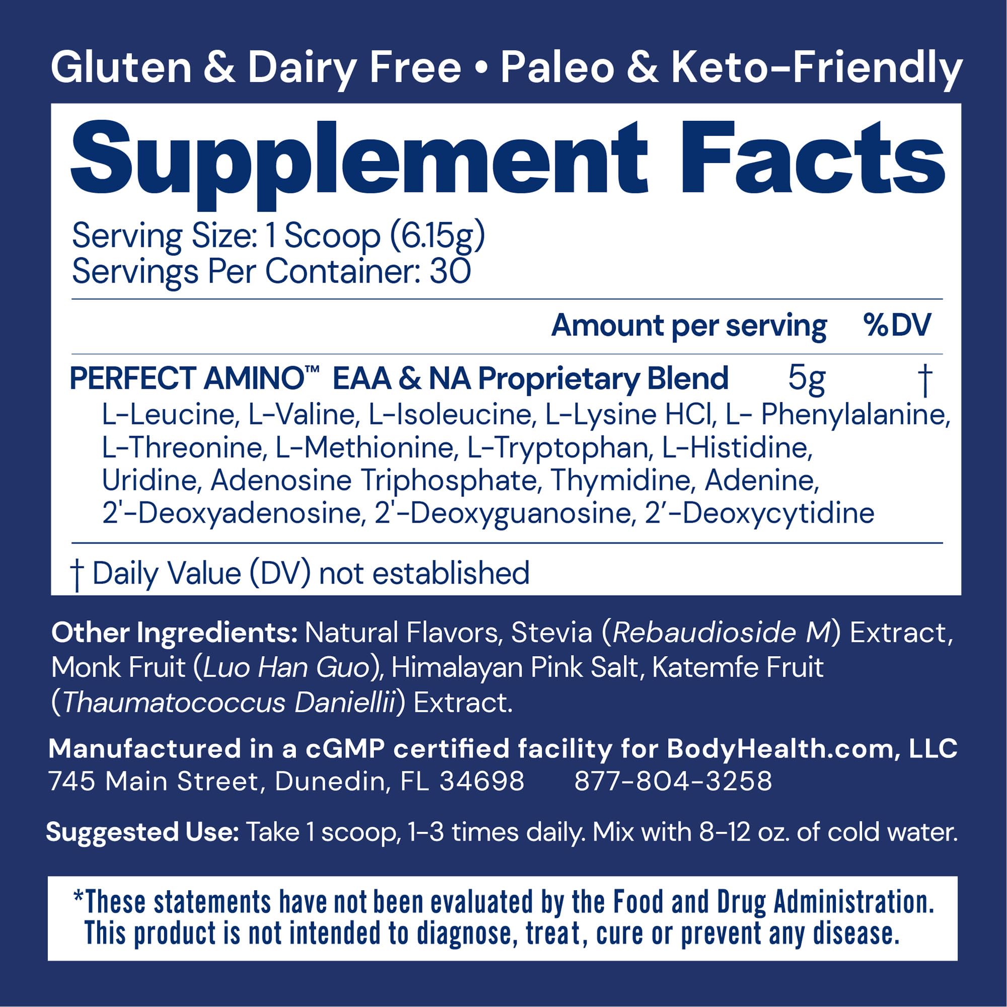 BodyHealth PerfectAmino Powder - BCAA and EAA Powder for Pre and Post Workout - Amino Acid Energy Drink for Men and Women to Support Lean Muscle and Recovery - Chocolate - 30 Servings