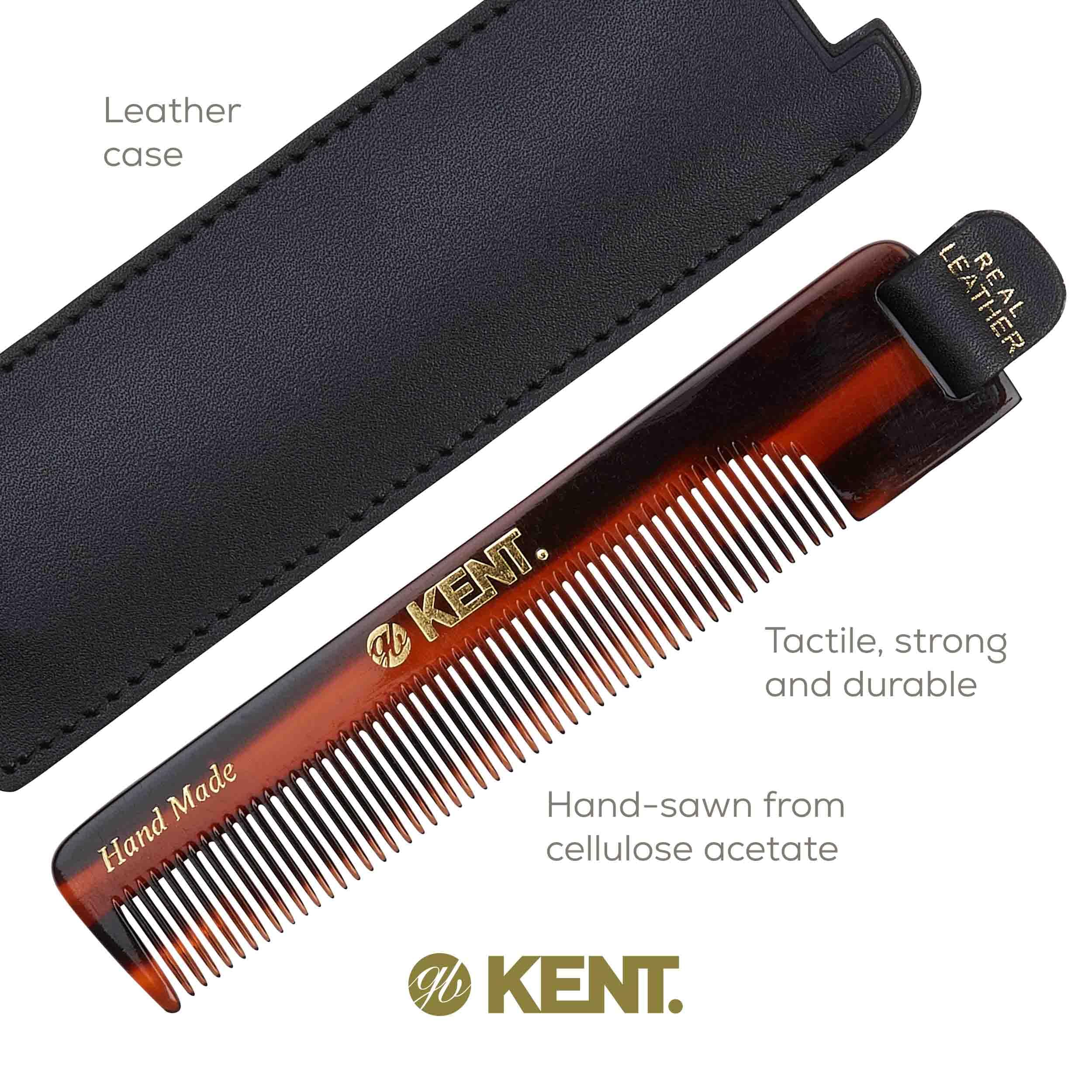Kent Authentic Handmade Fine Comb With Leather tab and Leather Case, Dark Brown, 120mm
