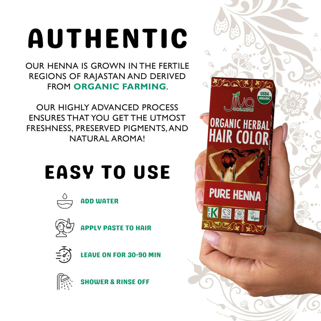 Jiva Organic Henna Powder For Hair - 100% Pure, Certified Organic Natural Hair Colorant - NO Chemicals, Kosher, Vegan, Cruelty Free