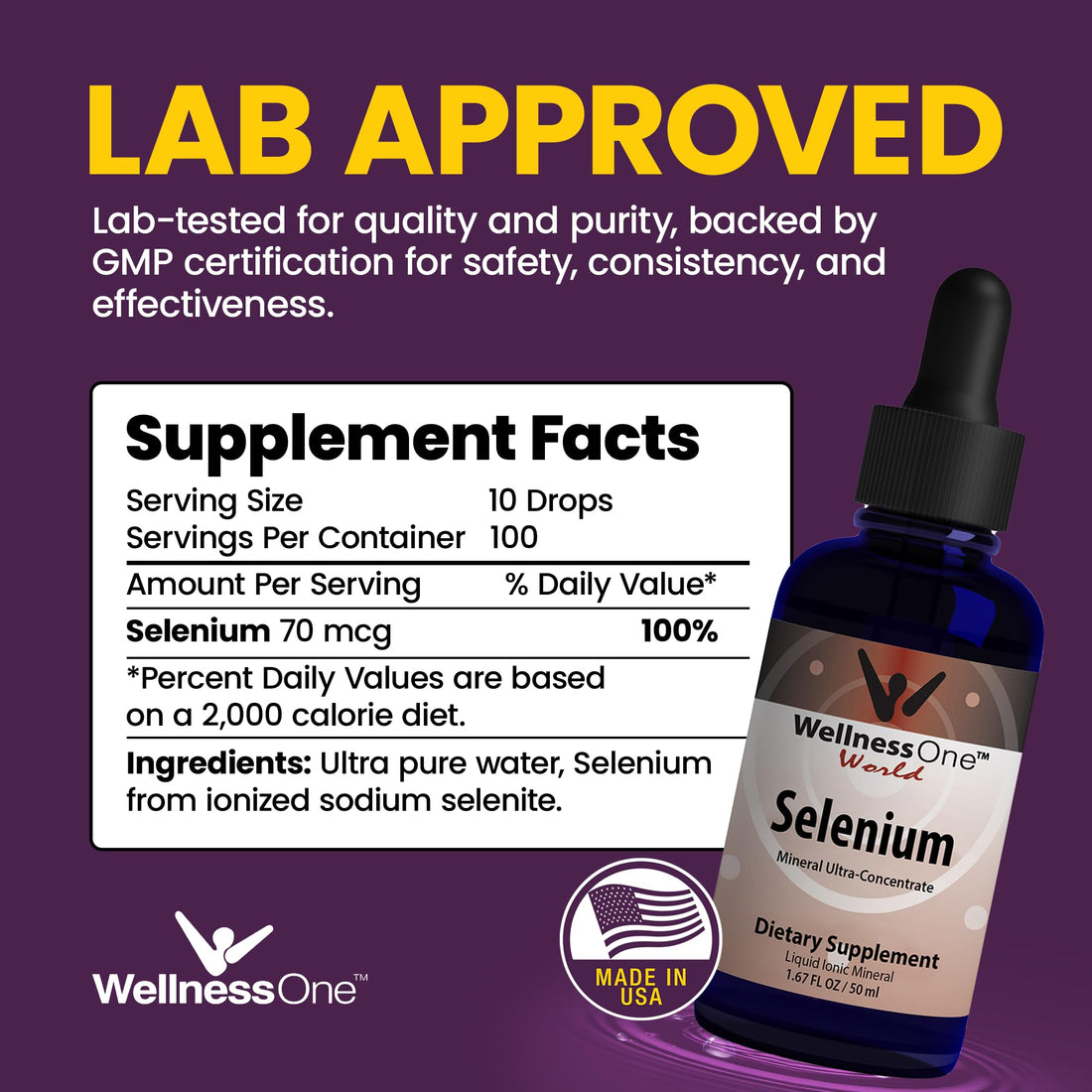 WellnessOne Liquid Selenium Supplement - Ionized Selenium Liquid Drops 70 mcg - Antioxidant, Cardiovascular and Immune Support - USA Tested, Vegan, Non-GMO, Gluten Free, Unflavored - 1.67 fl oz