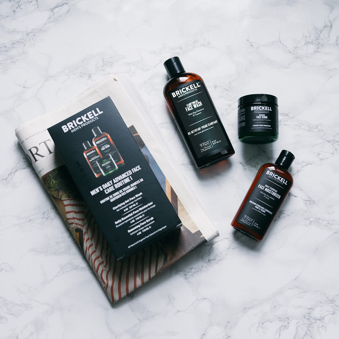 Brickell Men& Daily Advanced Face Care Routine I - Gel Facial Cleanser Wash + Face Scrub + Face Moisturizer Lotion - Natural Organic