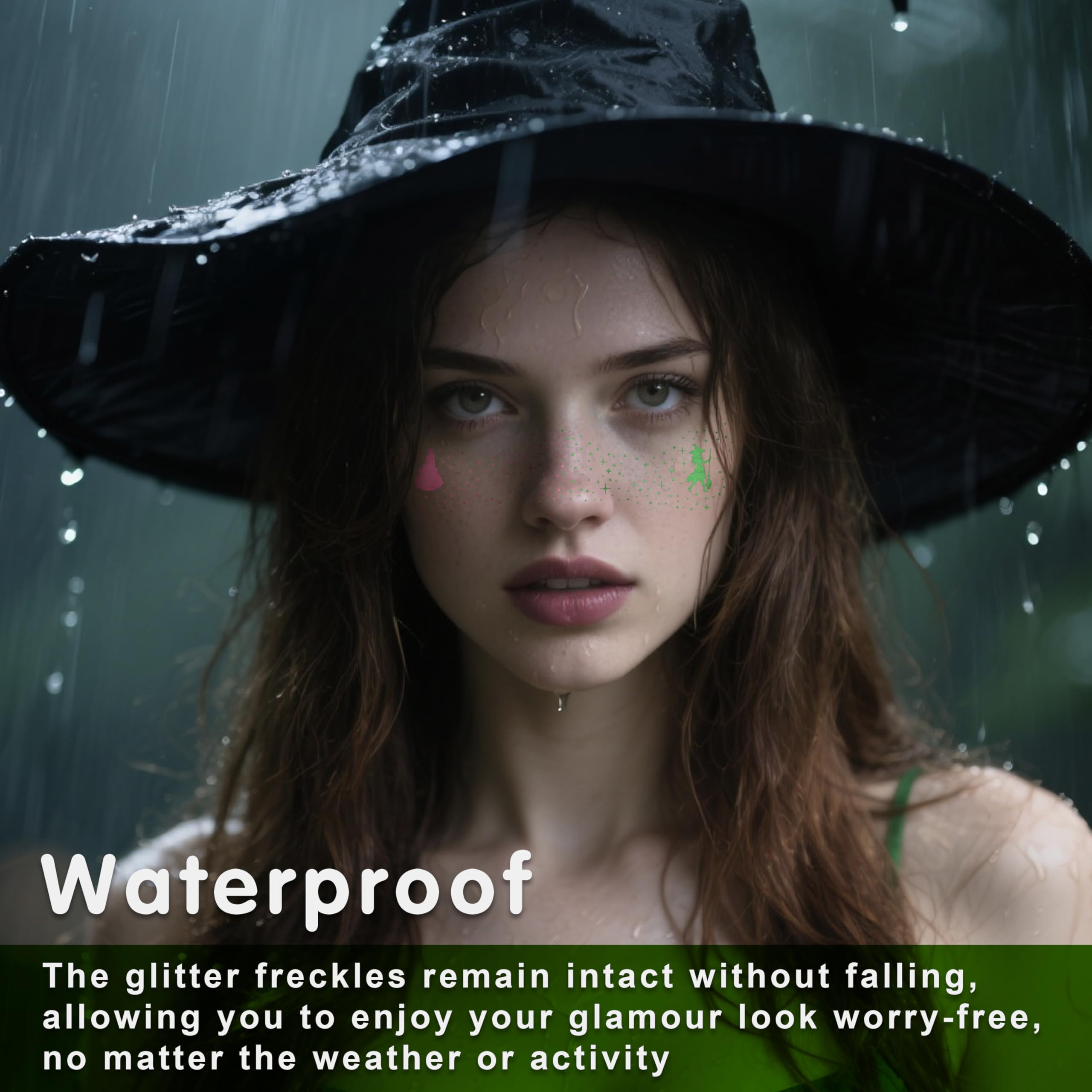 MEICOLY Halloween Glitter Freckles Witch Tattoos for Kids,Friendship Green Witch Pink Princess Stickers for Wicked Makeup Costume,Wicked Birthday Party Accessories,Wicked Party Favors,8 Counts
