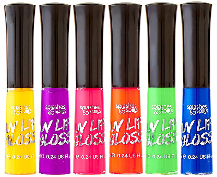 UV Glow Blacklight Lip Gloss - 6 Color Variety Pack, 3.7g - Day or Night Stage, Clubbing or Costume Makeup by Splashes & Spills
