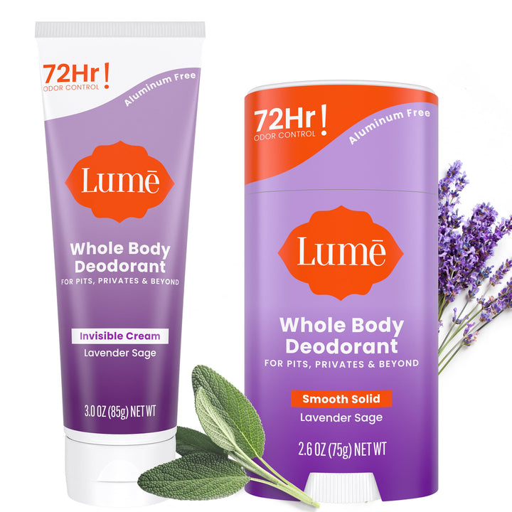 Lume Whole Body Deodorant - Invisible Cream and Solid - 72 Hour Odor Control - Aluminum Free, Baking Soda Free, Skin Safe - 3.0 Ounce Cream and 2.6 Ounce Solid Bundle (Lavender Sage)