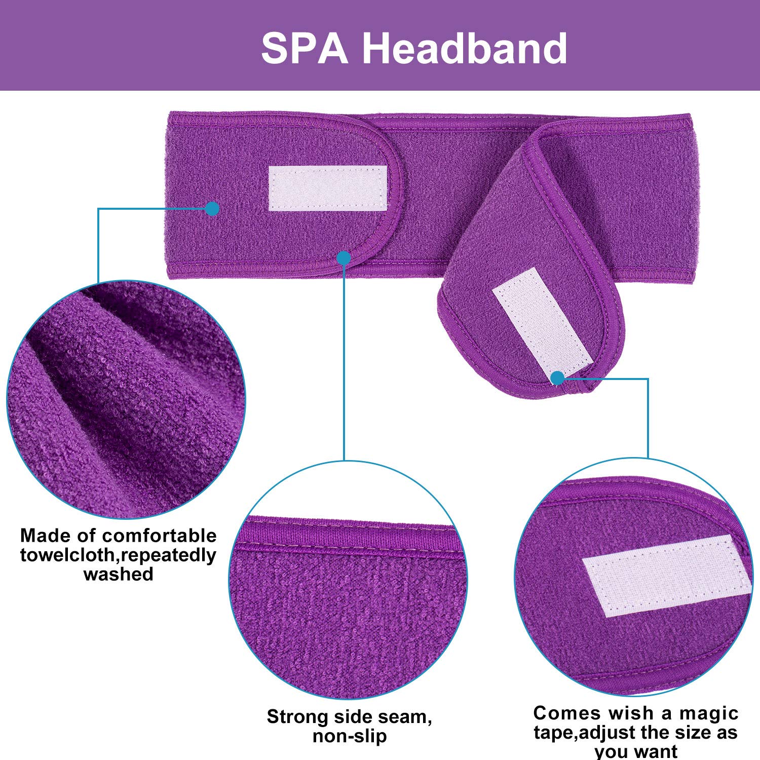 Spa Facial Headband Whaline 4 Packs Head Wrap Terry Cloth Headband Adjustable Stretch Towel for Bath, Makeup and Sport (Purple)