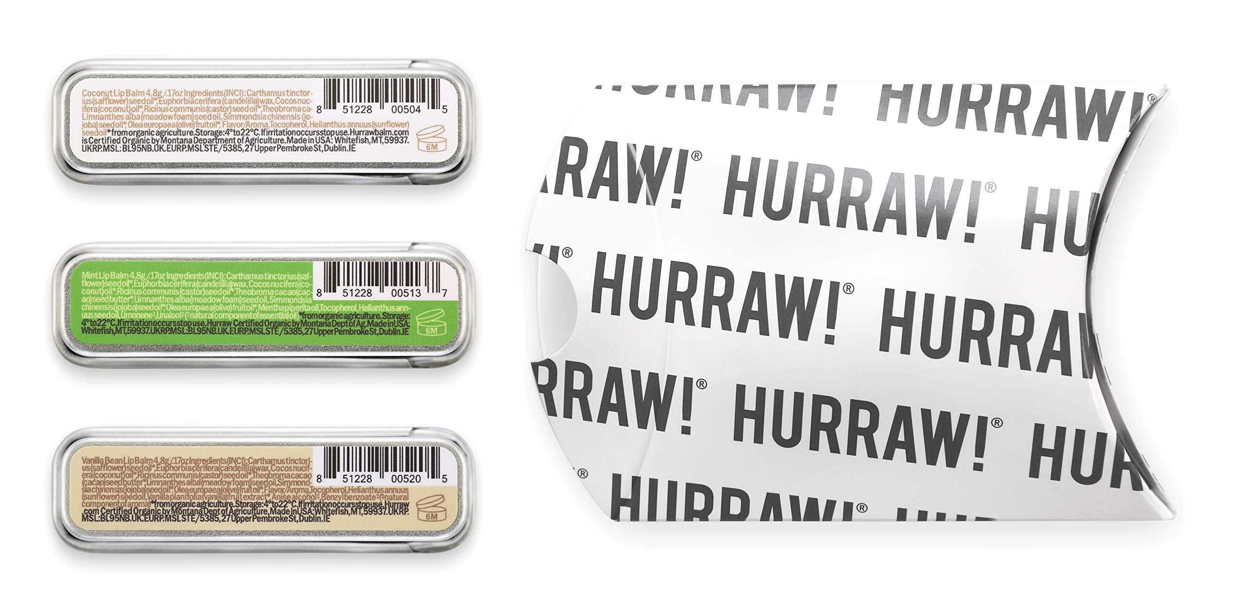 Hurraw! Coconut, Mint, Vanilla Lip Balm Slim Slider Tins, 3 Pack Bundle: Organic, Certified Vegan, Cruelty and Gluten Free. Non-GMO, All Natural Ingredients. Bee, Shea, Soy and Palm Free. Made in USA