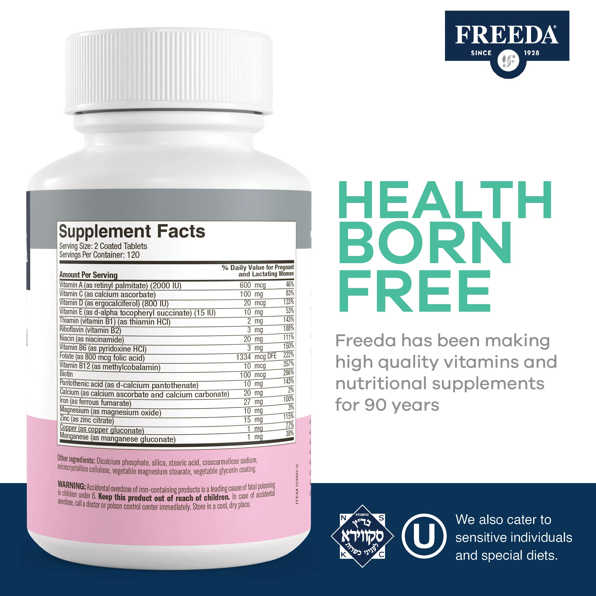 FREEDA Mini Prenatal Vitamin - Kosher Prenatals -Tiny Easy to Swallow Tablets - Prenatal Vitamins with Iron, Prenatal Folic Acid/Folate, Vitamin D - Pre Natal Multivitamin for Pregnant Women (240)