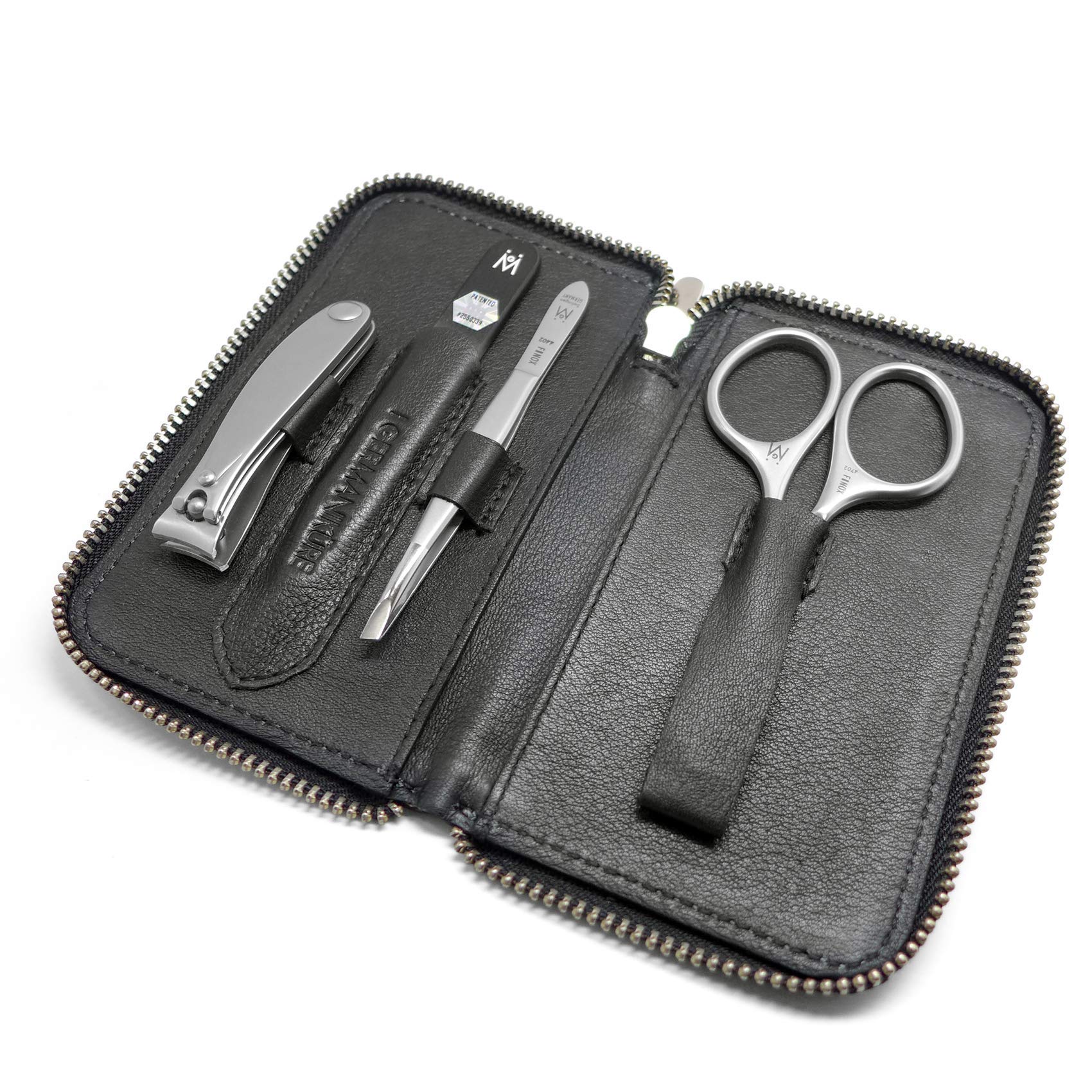 GERManikure 4pc matte stainless steel manicure set in black leather zip case