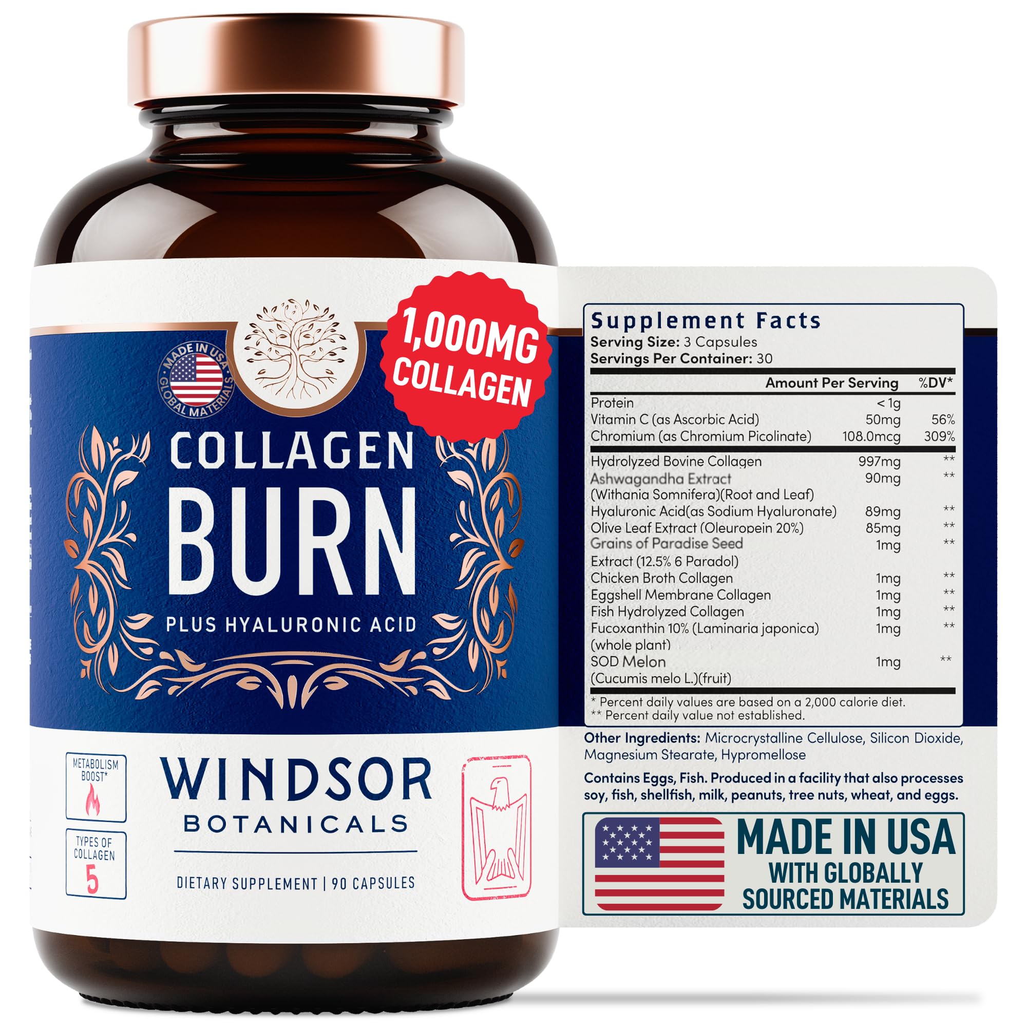 Thermogenic Multi Collagen Burn Capsules - Hydrolyzed Multi Collagen Complex Types I, II, III, V, X, and Hydrating Hyaluronic Acid - Advanced Supplement for Women and Men - 90 Pills