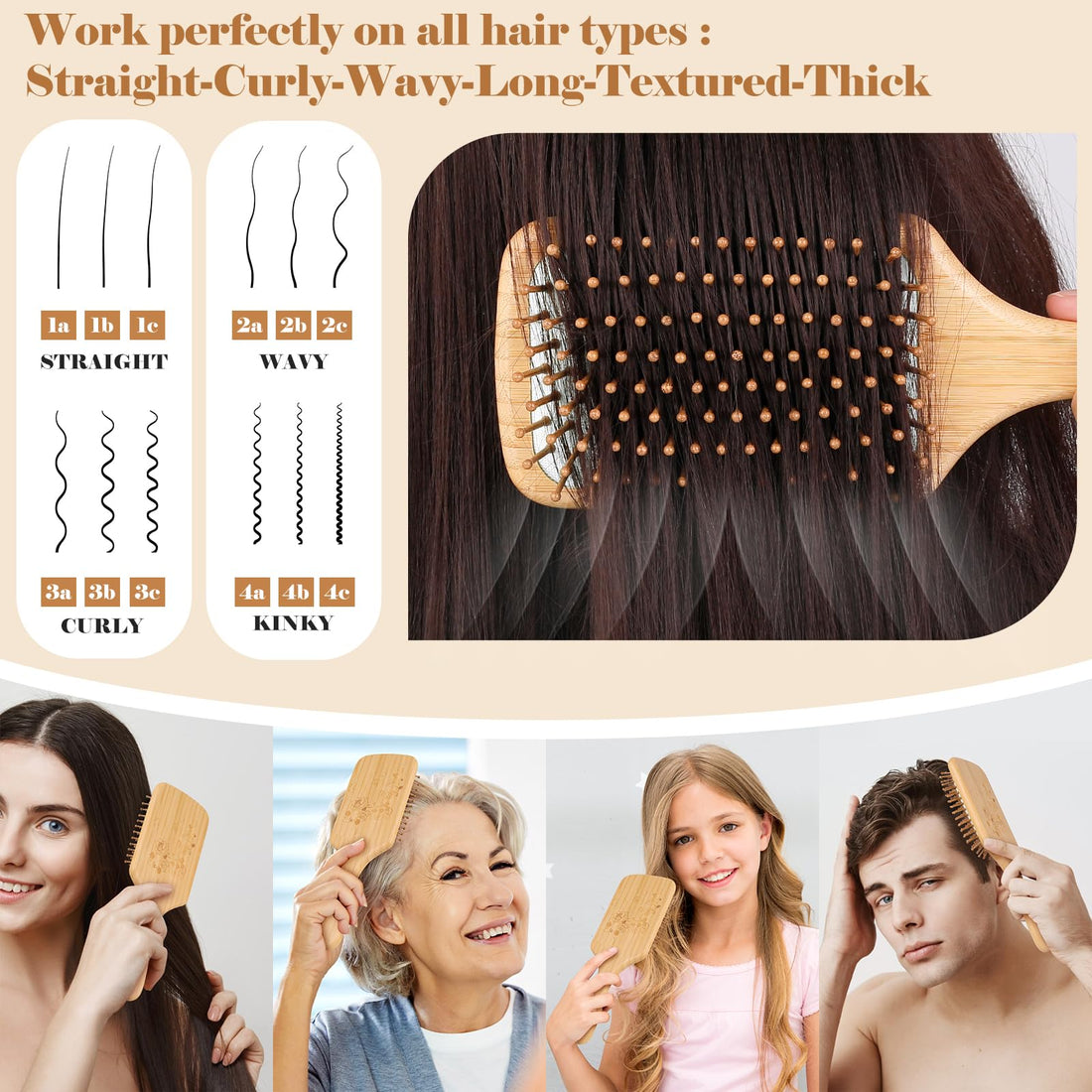 Natural Wooden Bamboo Hair Brush For Thick,Straight,Long,Curly,Wavy, Short Hair,Bamboo Bristles Pin Hairbrush Scalp Massage Improve Hair Health,Large Detangling Hair Brushes