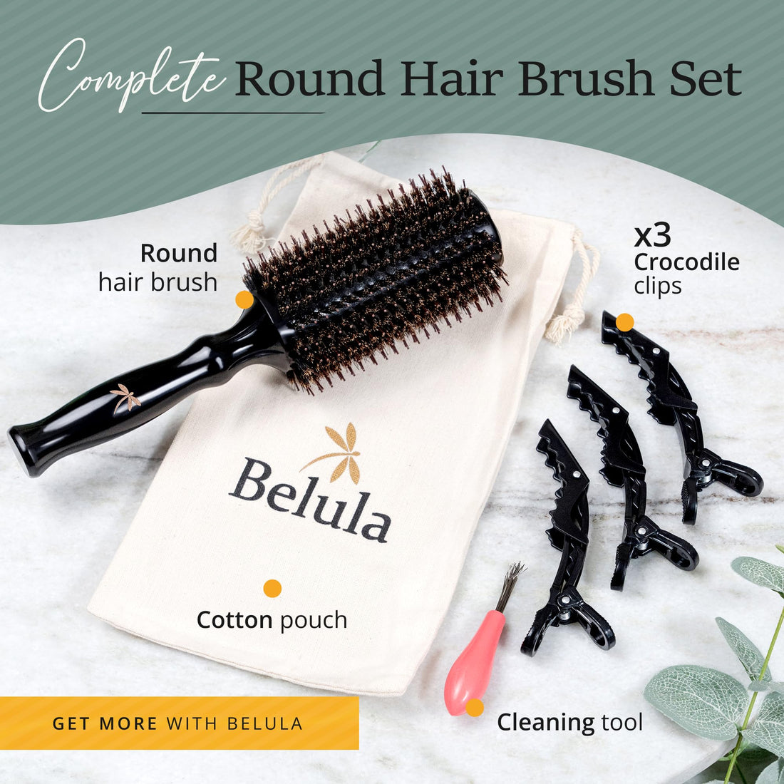 Belula Boar Bristle Round Brush for Blow Drying Set. Round Hair Brush With Large 2.7” Wooden Barrel. Hairbrush Ideal to Add Volume and Body. Free 3 x Hair Clips & Travel Bag.