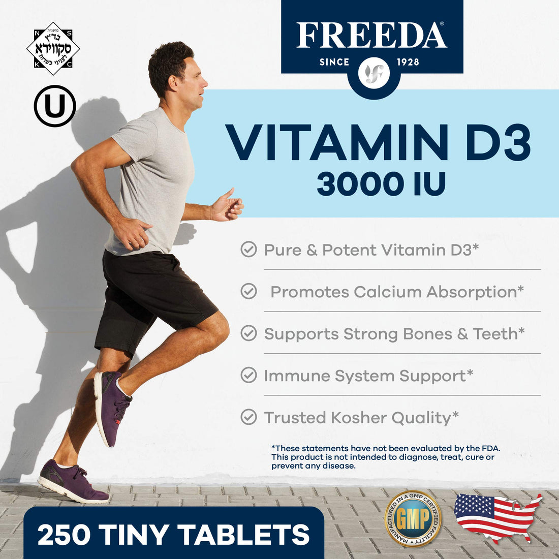 FREEDA Vitamin D3-3000 IU - Pure High Potency Kosher Supplement Tablets - Bone and Muscle Health, Calcium Absorption, Immune Support for Men and Women* - 250 Count