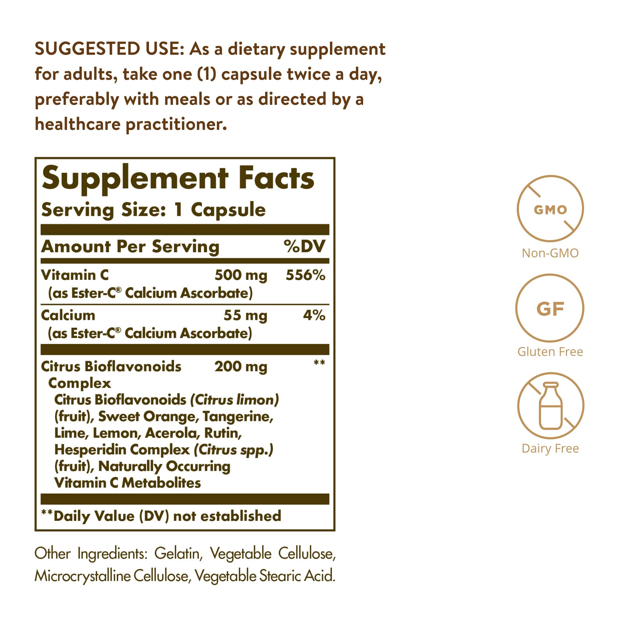 Solgar Ester-C Plus 500 mg Vitamin C with Citrus Bioflavonoids - 90 Capsules - Gentle & Non Acidic, Well Retained - 24-Hour Immune Support - Non-GMO, Gluten Free - 90 Servings