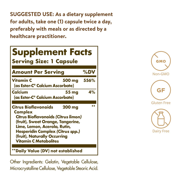 Solgar Ester-C Plus 500 mg Vitamin C with Citrus Bioflavonoids - 90 Capsules - Gentle & Non Acidic, Well Retained - 24-Hour Immune Support - Non-GMO, Gluten Free - 90 Servings