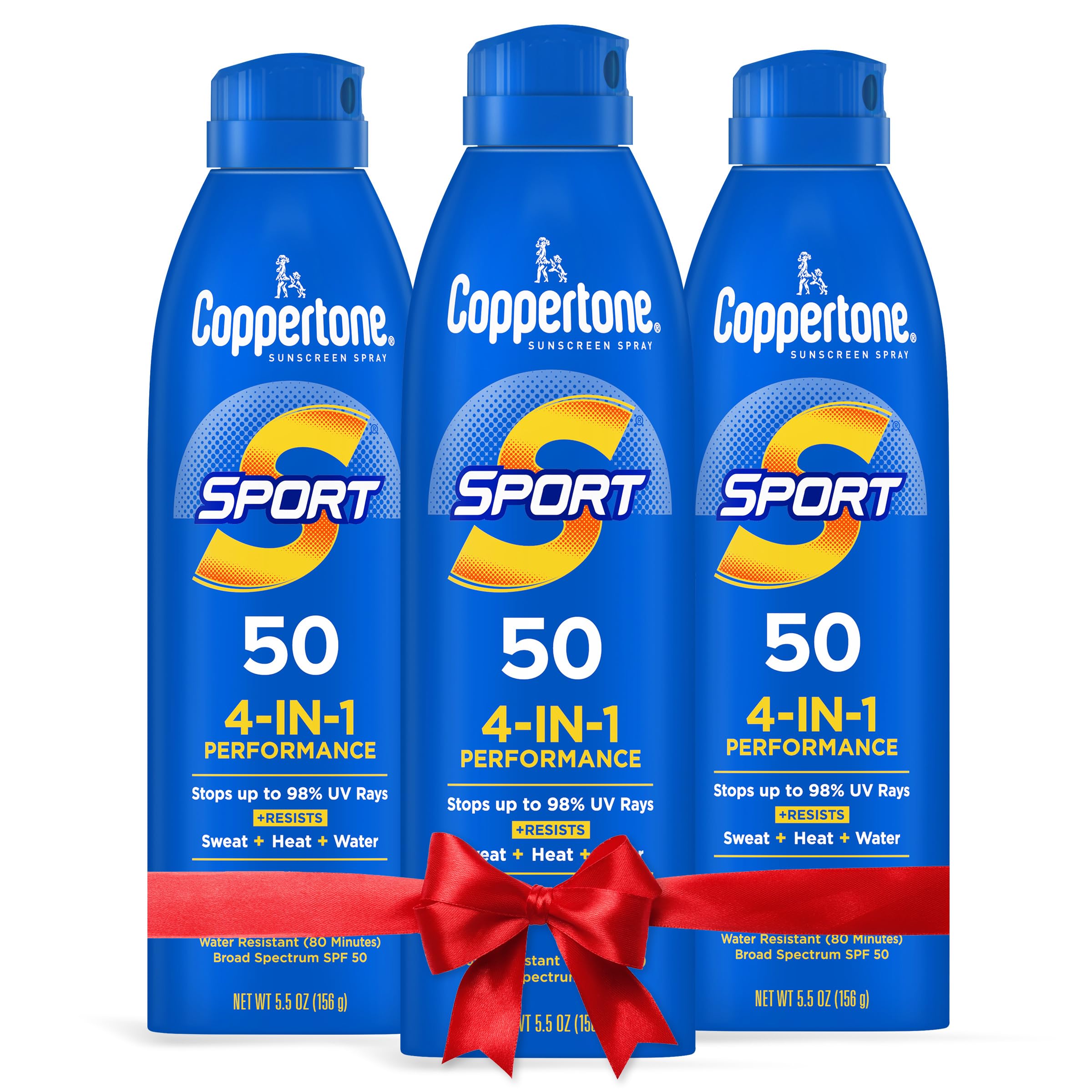 Coppertone Sport Sunscreen Spray SPF 50, Water Resistant Spray Sunscreen, Broad Spectrum SPF 50 Sunscreen, Bulk Sunscreen Pack, 5.5 Oz Bottle, Pack of 3