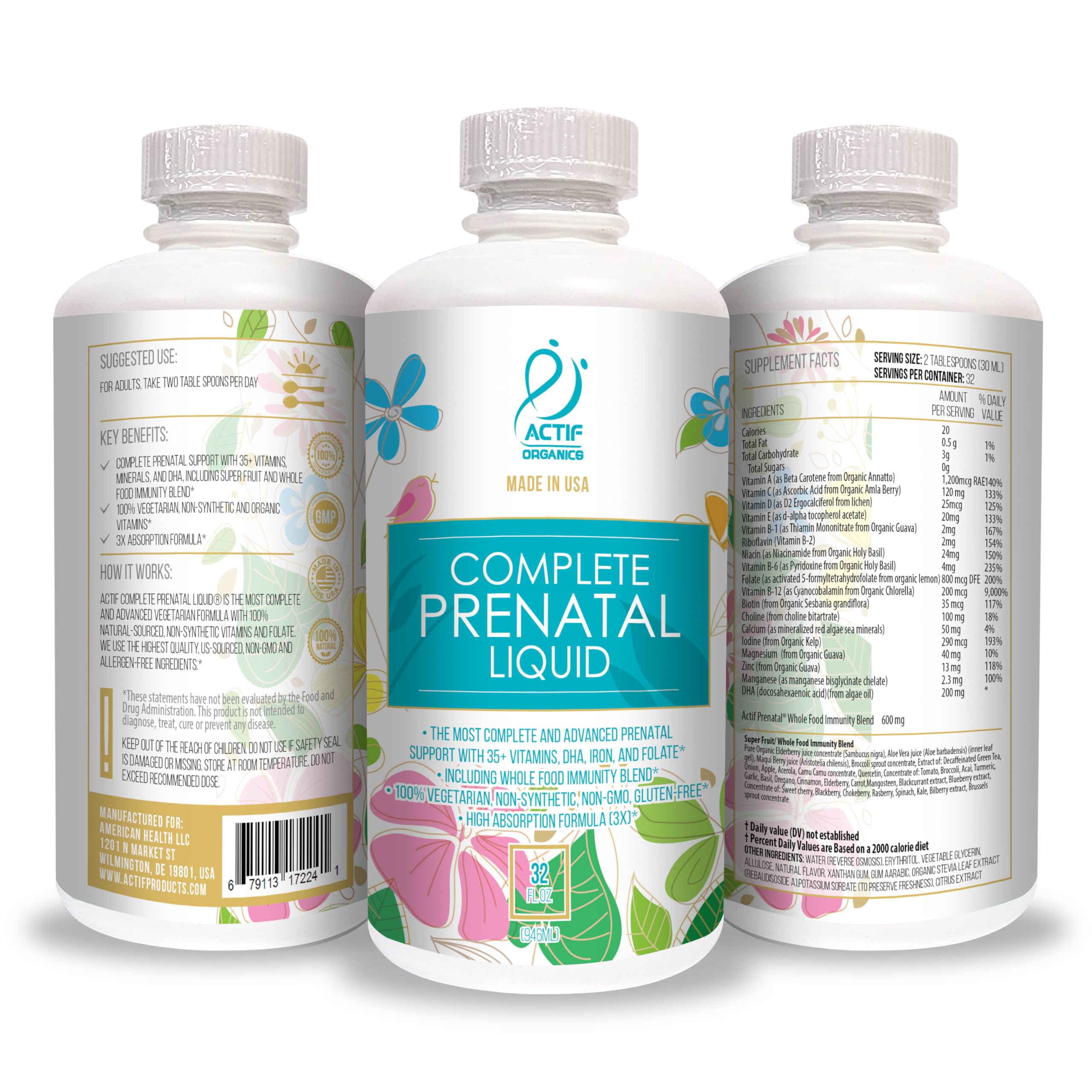 ACTIF Organic Complete Prenatal Liquid with 35+ Vitamins and Organic Herbs, with DHA and Choline, Non-GMO, Made in USA, 32oz