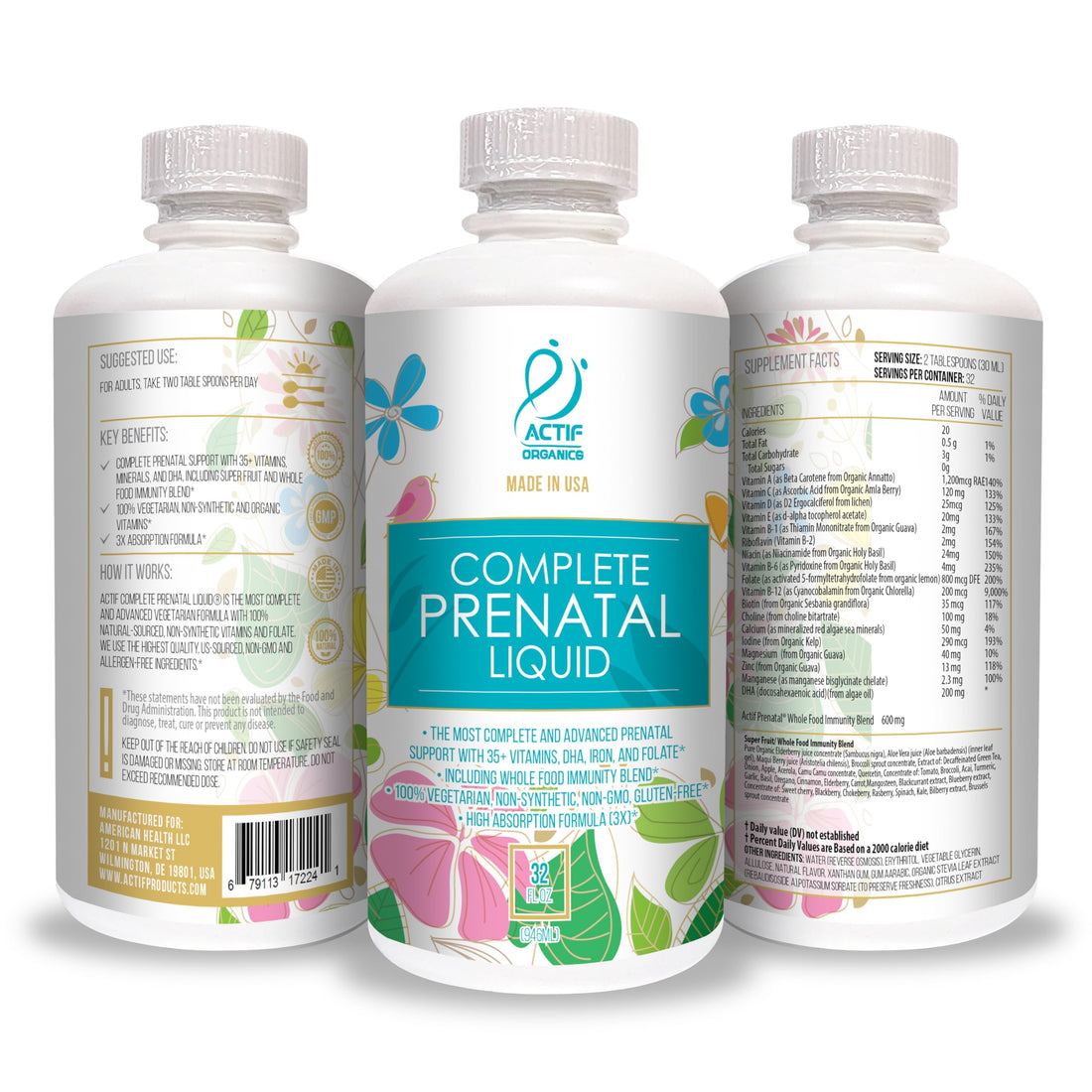 ACTIF Organic Complete Prenatal Liquid with 35+ Vitamins and Organic Herbs, with DHA and Choline, Non-GMO, Made in USA, 32oz