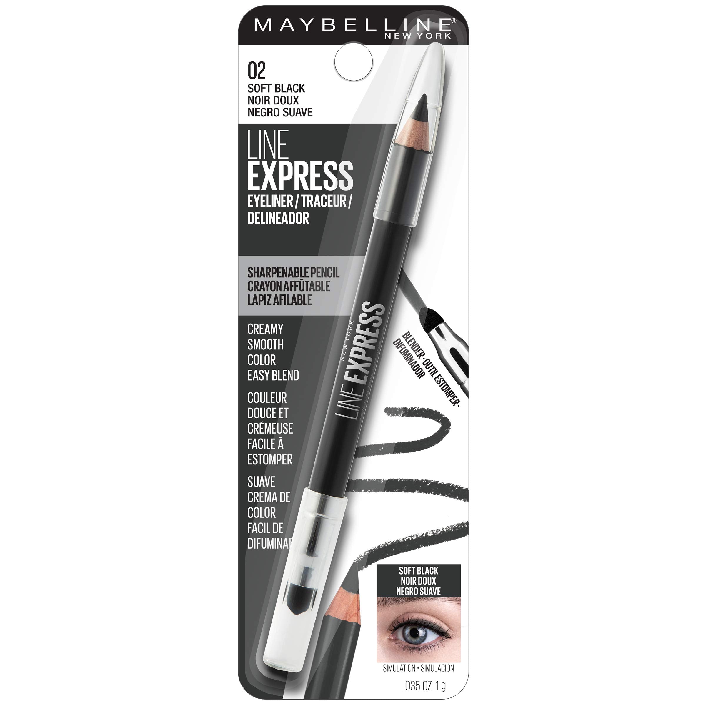 Maybelline Line Express Sharpenable Wood Pencil with Built-In Blending Smudger Tip Creamy Liner Eyeliner Eye Makeup, Soft Black, 0.035 oz.