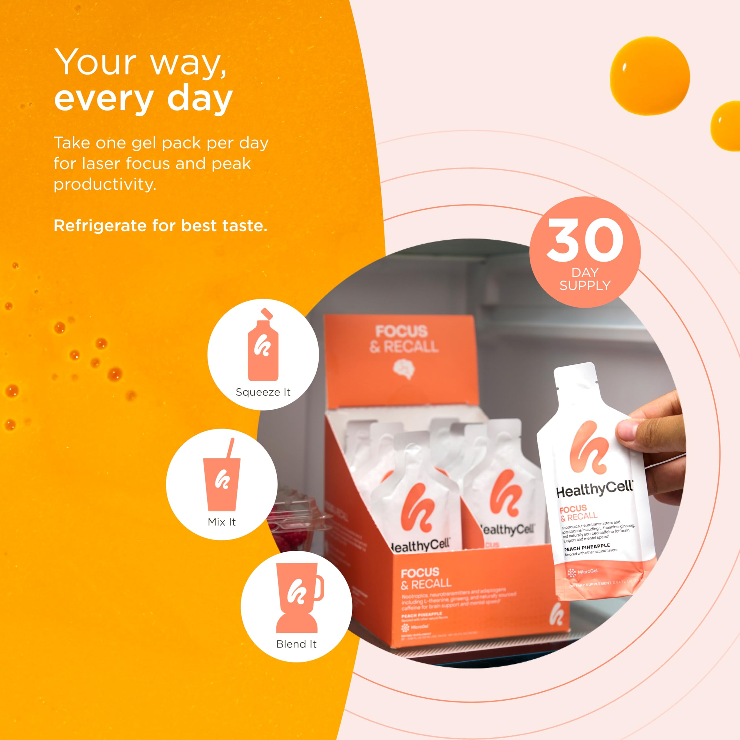 Healthycell Focus & Recall - Brain Supplement for Focus and Memory - Liquid Nootropics Supplement for Concentration & Alertness - L-theanine, Omega-3 - Maximum Absorption - 30 Gel Packs