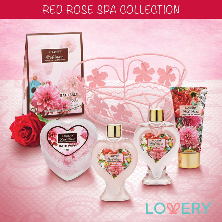 Christmas Gifts From Daughter & Son - Home Spa Gift Basket for Women - Red Rose Scent - Luxury Bath & Body Set with Shower Gel, Bubble Bath, Body Lotion, Bath Salt, Shower Puff and Wired Heart Basket
