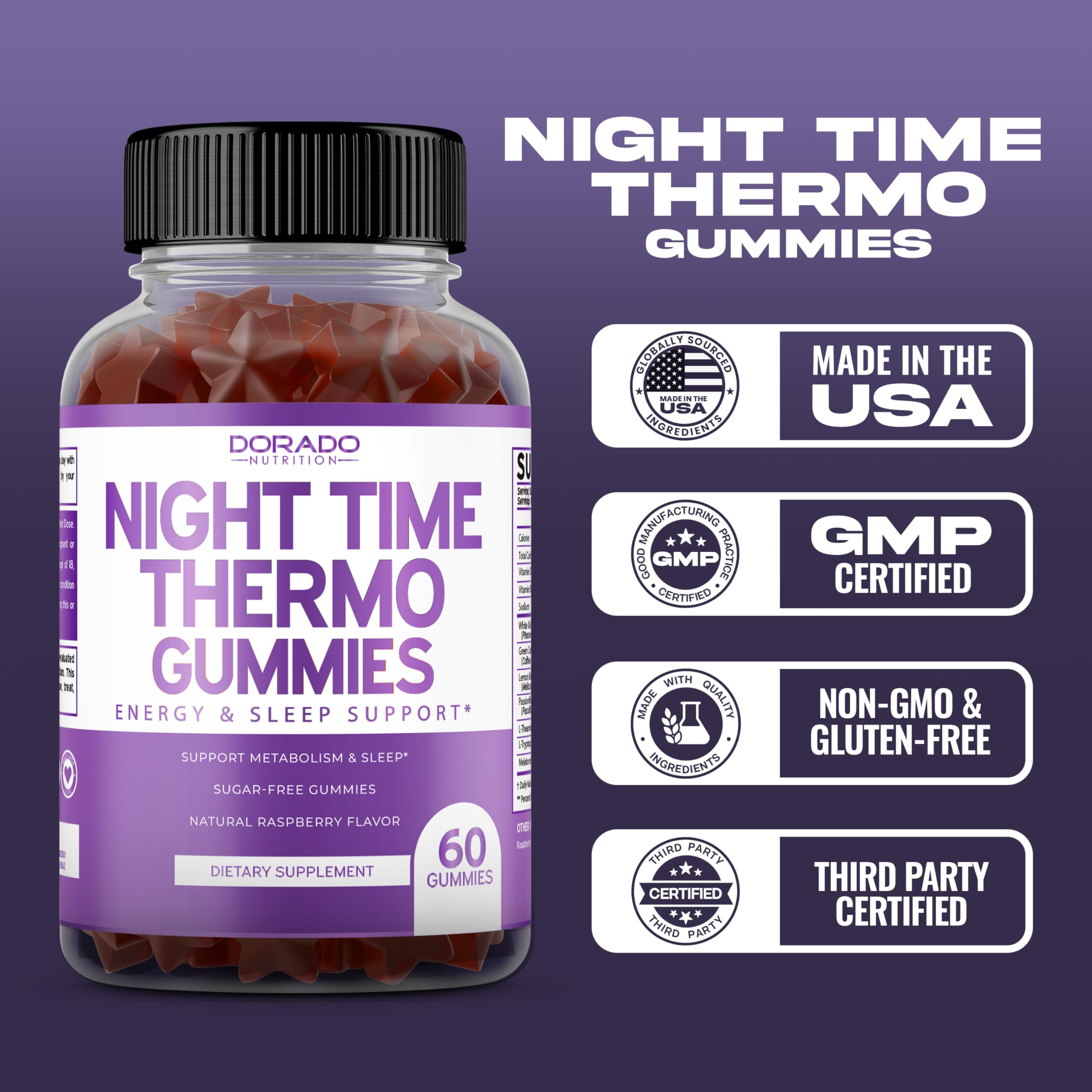 Night Time Fat Burner Gummies (60 Count) Weight Loss & Metabolism - Sugar-Free - Delicious Raspberry Flavored Melatonin Supplement Gummies - Vegan Safe - Third Party Tested - Made in USA