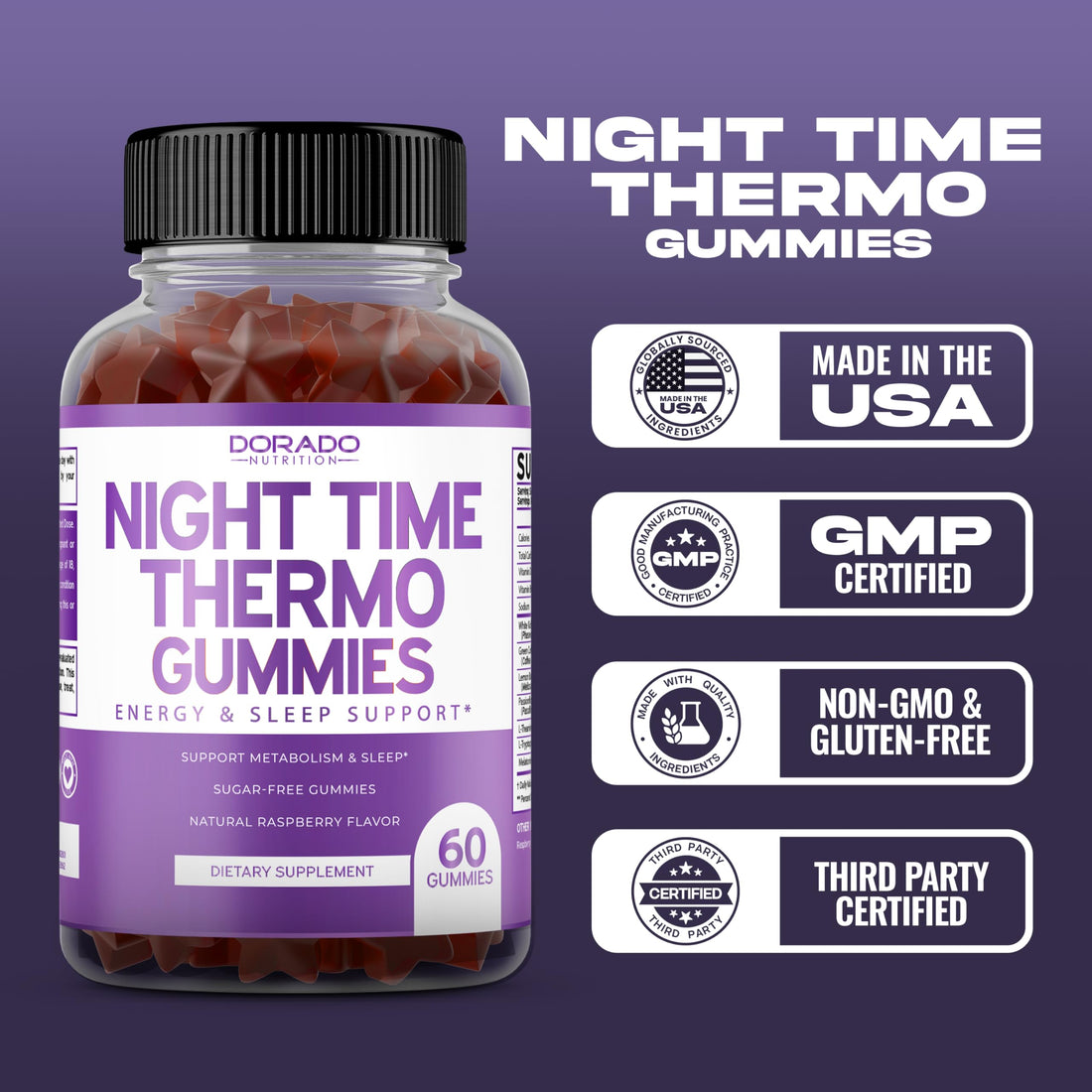 Night Time Fat Burner Gummies (60 Count) Weight Loss & Metabolism - Sugar-Free - Delicious Raspberry Flavored Melatonin Supplement Gummies - Vegan Safe - Third Party Tested - Made in USA