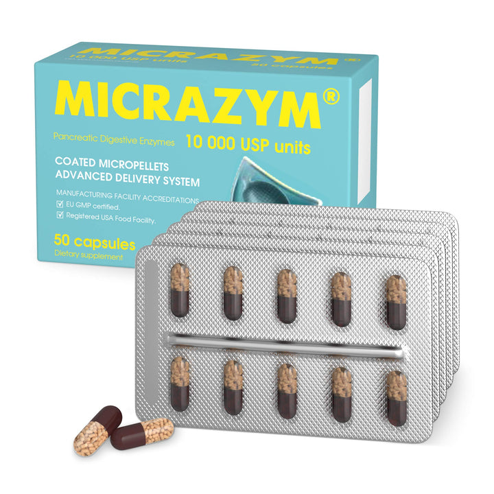 Micrazym AVVA Pharm Pancreatic Enzymes - 10,000 USP Effective Pancreatic Enzyme Supplements - Digestive Enzymes for Digestion - 50 Fast-Acting Capsules with Amylase, Lipase and Protease