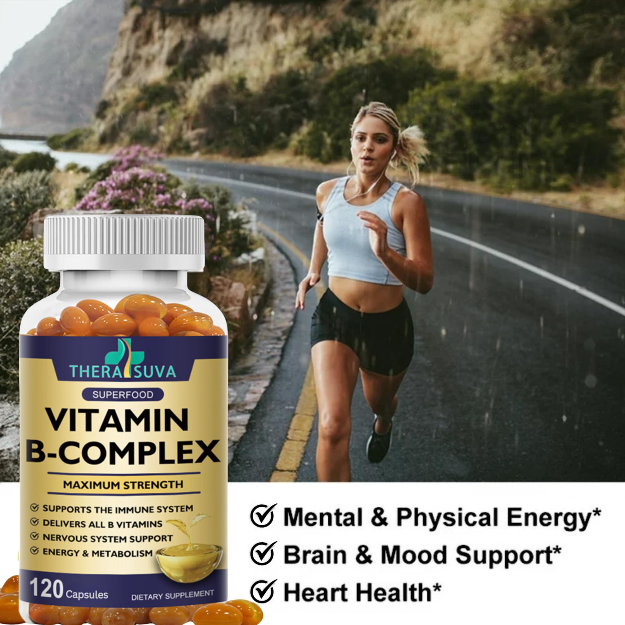 TheraSuva Vitamin B-Complex + CoQ10 + Vitamin C - Max Strength Supplement for Energy, Metabolism Support, 120 Softgels, 60 Day Supply