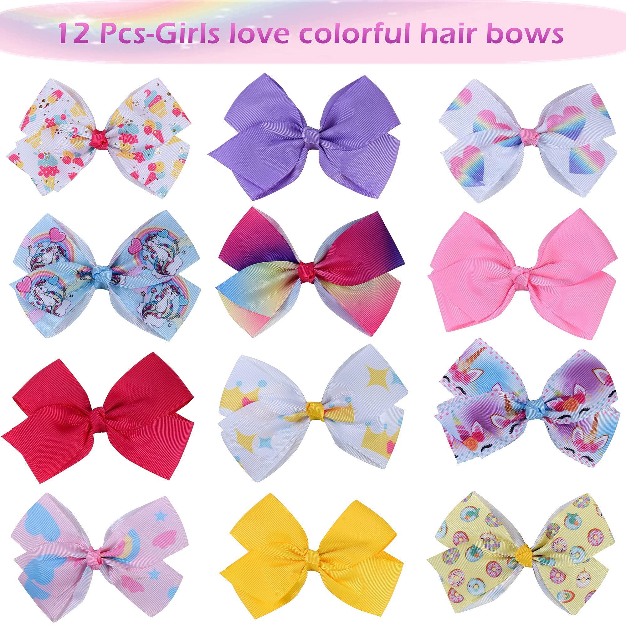 12Pcs Rainbow Heart Alligator Clips, Colorful Grosgrain Ribbon Hair Bows for Girls, Toddlers, Kids, and Teens