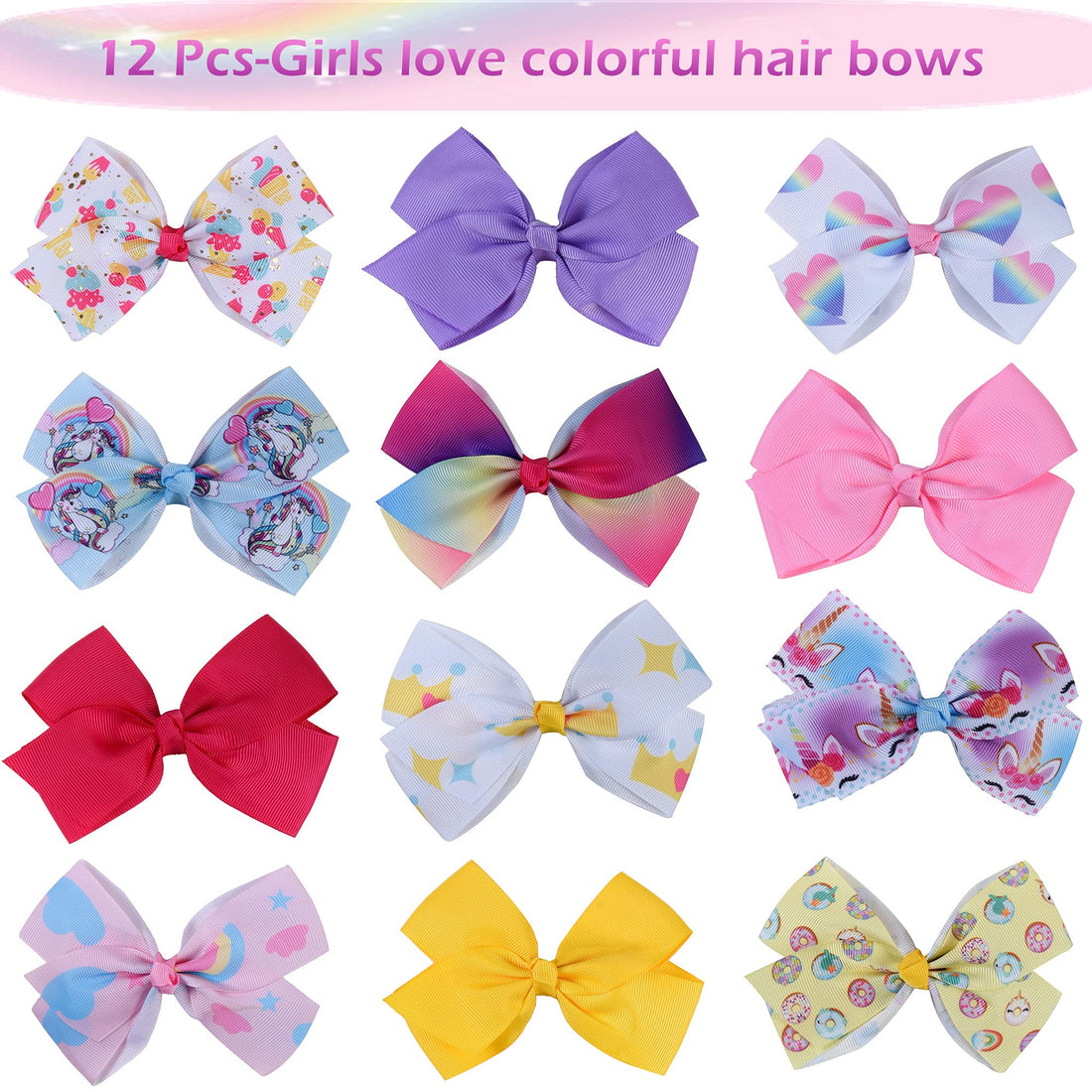 12Pcs Rainbow Heart Alligator Clips, Colorful Grosgrain Ribbon Hair Bows for Girls, Toddlers, Kids, and Teens
