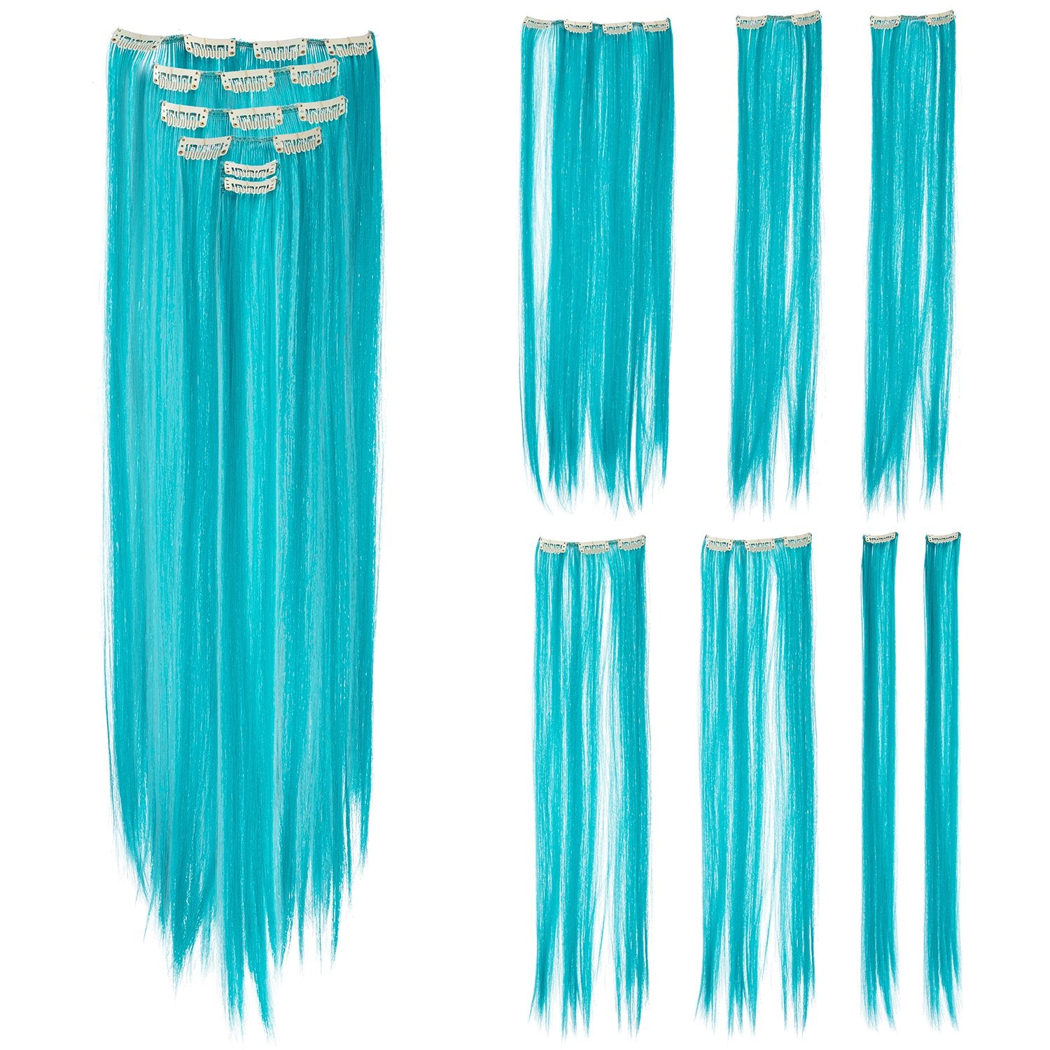 22-Inch Straight , Teal Blue : SWACC 7 Pcs Full Head Party Highlights Clip on in Hair Extensions Colored Hair Streak Synthetic Hairpieces (22-Inch Straight, Teal Blue)