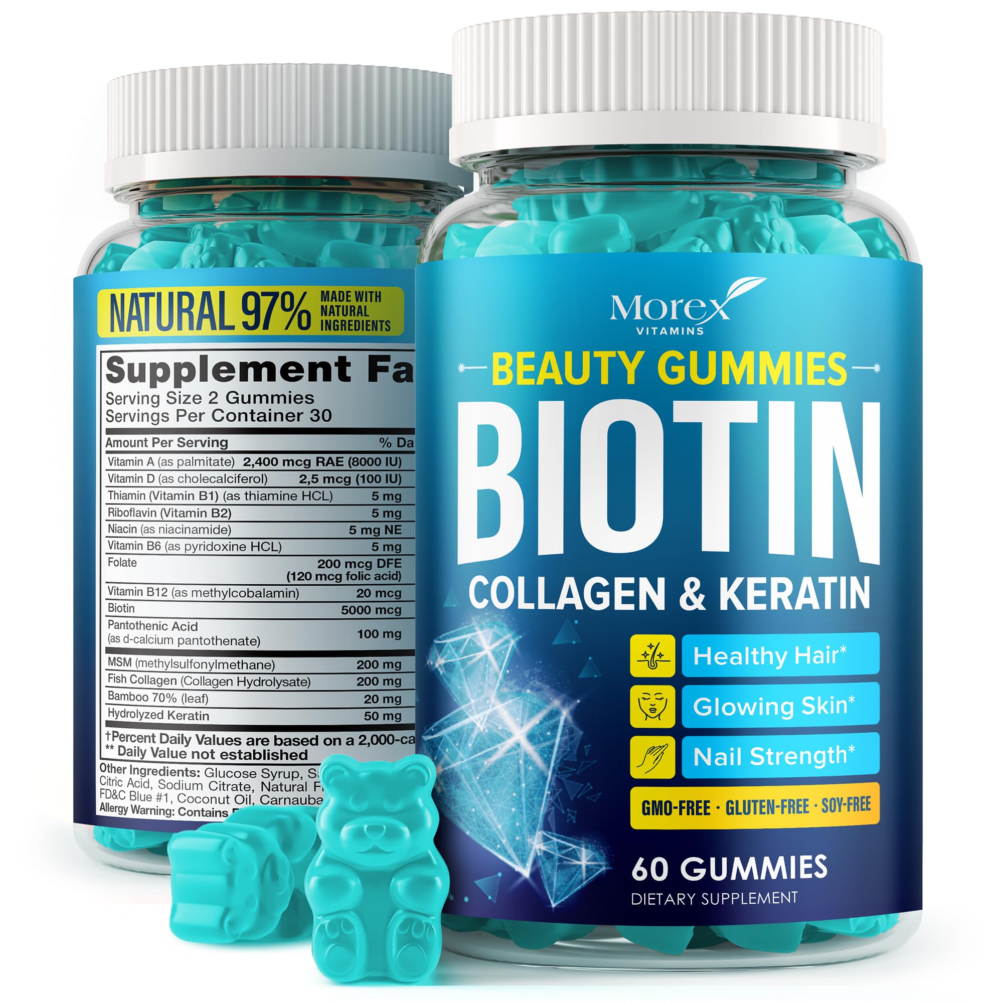 Hair Vitamins Natural Gummies - Biotin Multivitamin for Hair, Skin & Nails with Collagen & Keratin - Anti Aging Collagen Gummy Vitamins for Men & Women - Hair & Nail Growth Gummies - 60psc