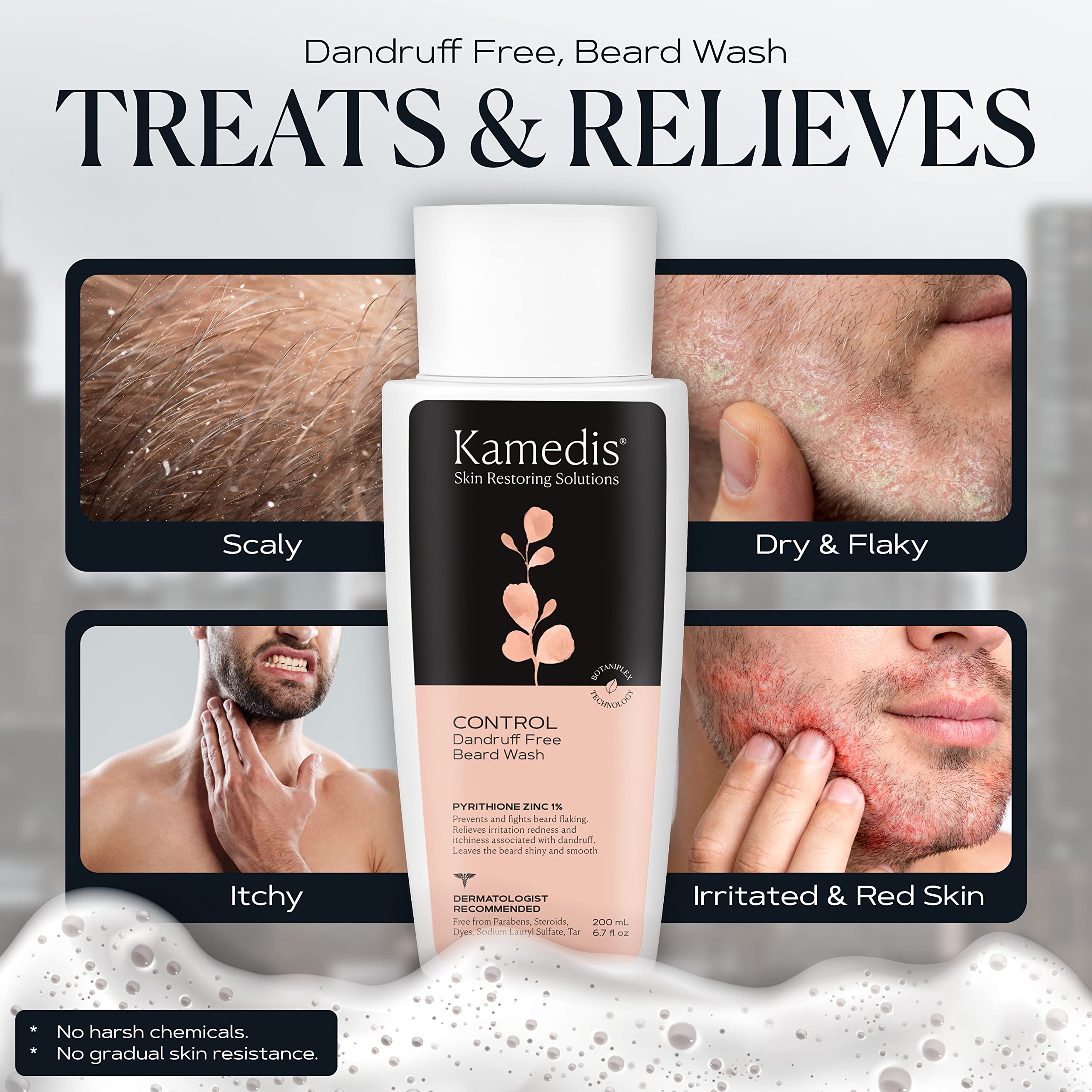 KAMEDIS Beard Wash - 6.7 Oz, Dandruff & Flake Free Ultimate Men's Shampoo, Contains Pyrithione Zinc & Salicylic Acid, Alleviates Itching & Irritation
