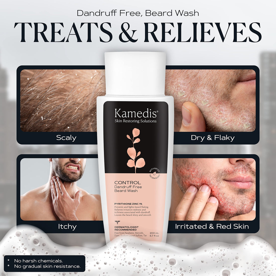 KAMEDIS Beard Wash - 6.7 Oz, Dandruff & Flake Free Ultimate Men's Shampoo, Contains Pyrithione Zinc & Salicylic Acid, Alleviates Itching & Irritation