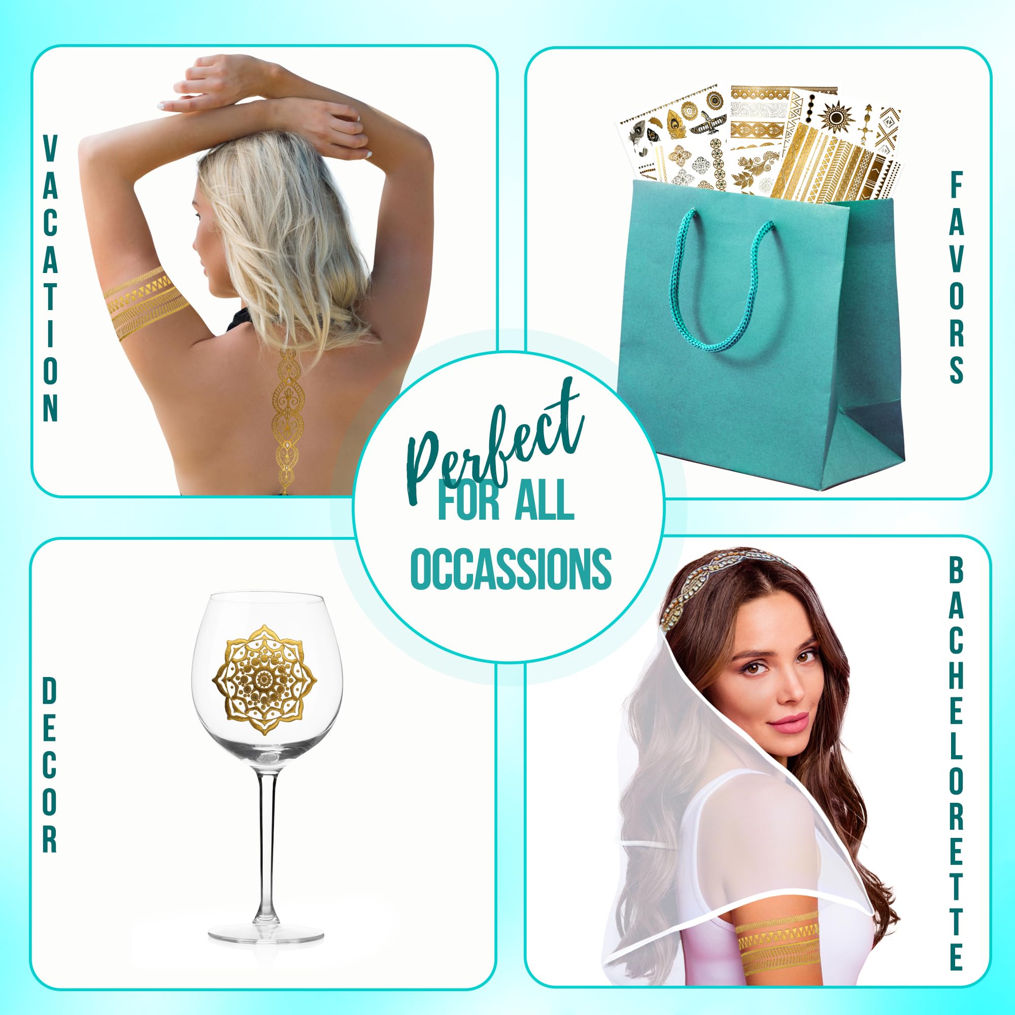 Premium Metallic Tattoos - 75+ Shimmer Designs in Gold, Silver, Black - Temporary Fake Jewelry Tattoos By Terra Tattoos™ (Serenity Collection)