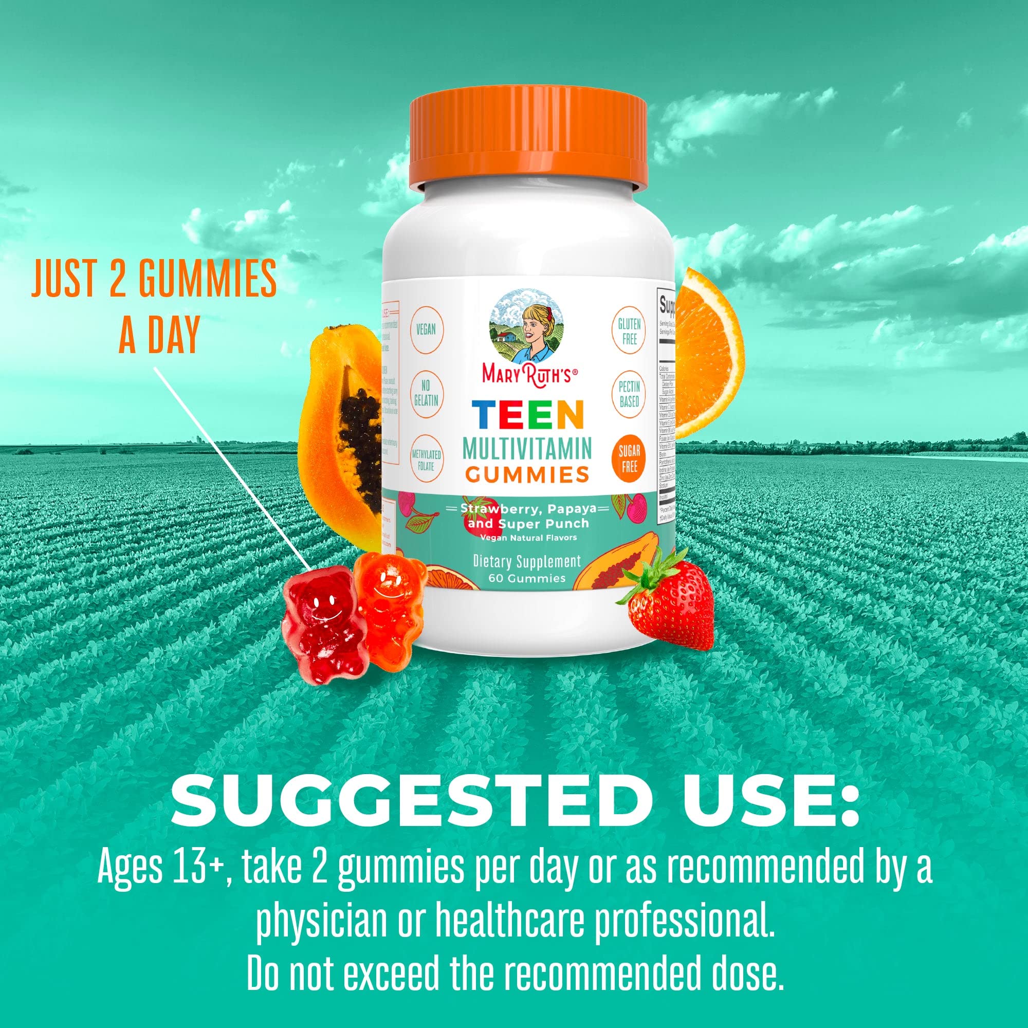 MaryRuth Organics Multivitamin for Teens | Teen Multivitamin Multimineral Gummies with Vitamin B, C, D and E, Biotin, Zinc | Teen Vitamins | Vegan | Sugar Free | Gluten Free | 60 Count