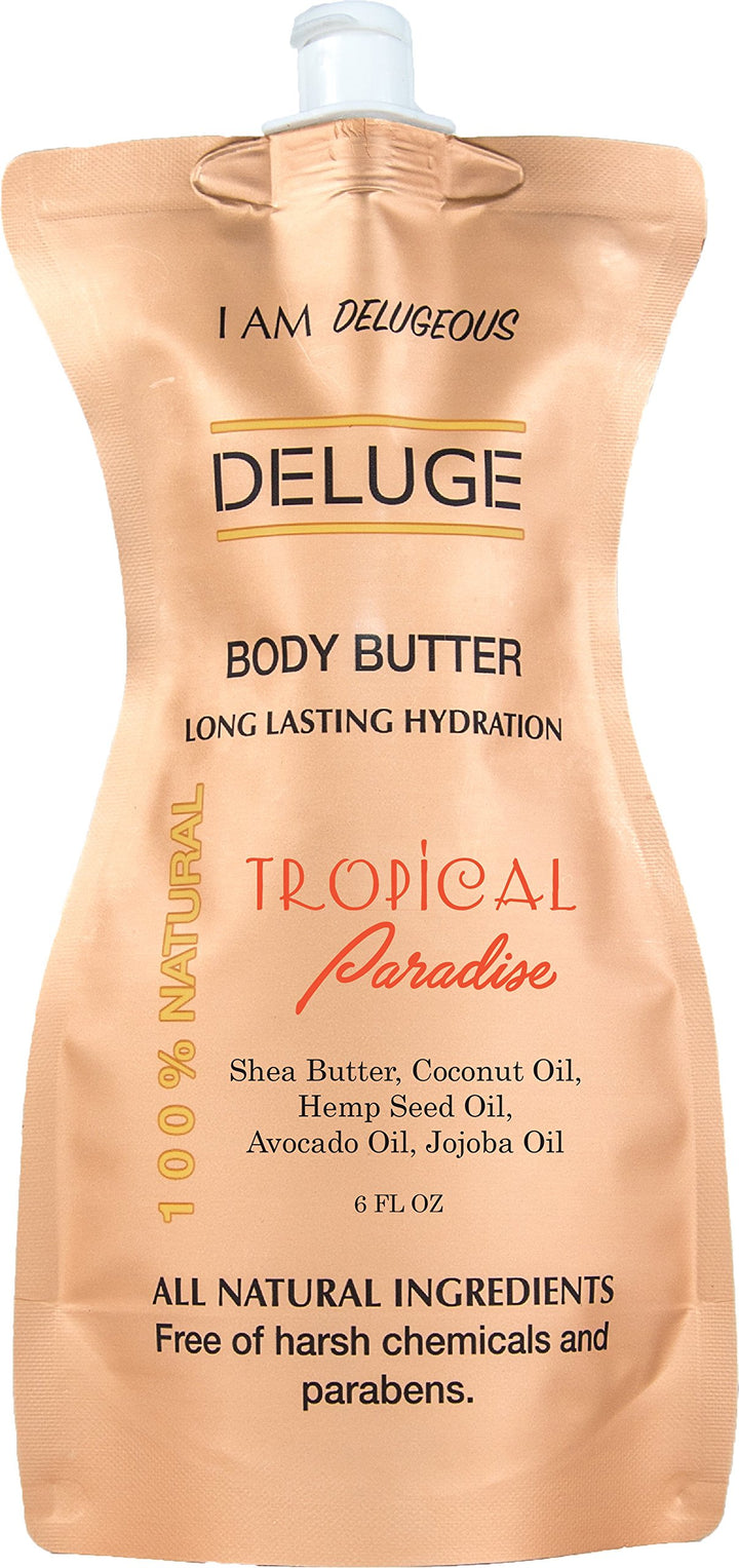 Body Butter- Tropical Paradise - 100% Natural. Shea Butter, Coconut Oil, Hemp Seed Oil, Avocado Oil, Jojoba Oil. 6 oz. -Eco-Friendly Packaging. by DELUGE